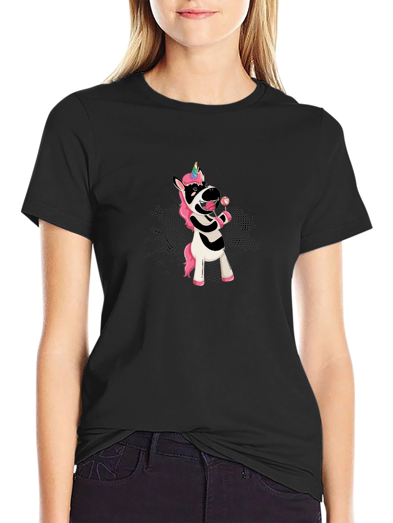 Unicorn Zebra Lollipop Black T-Shirt