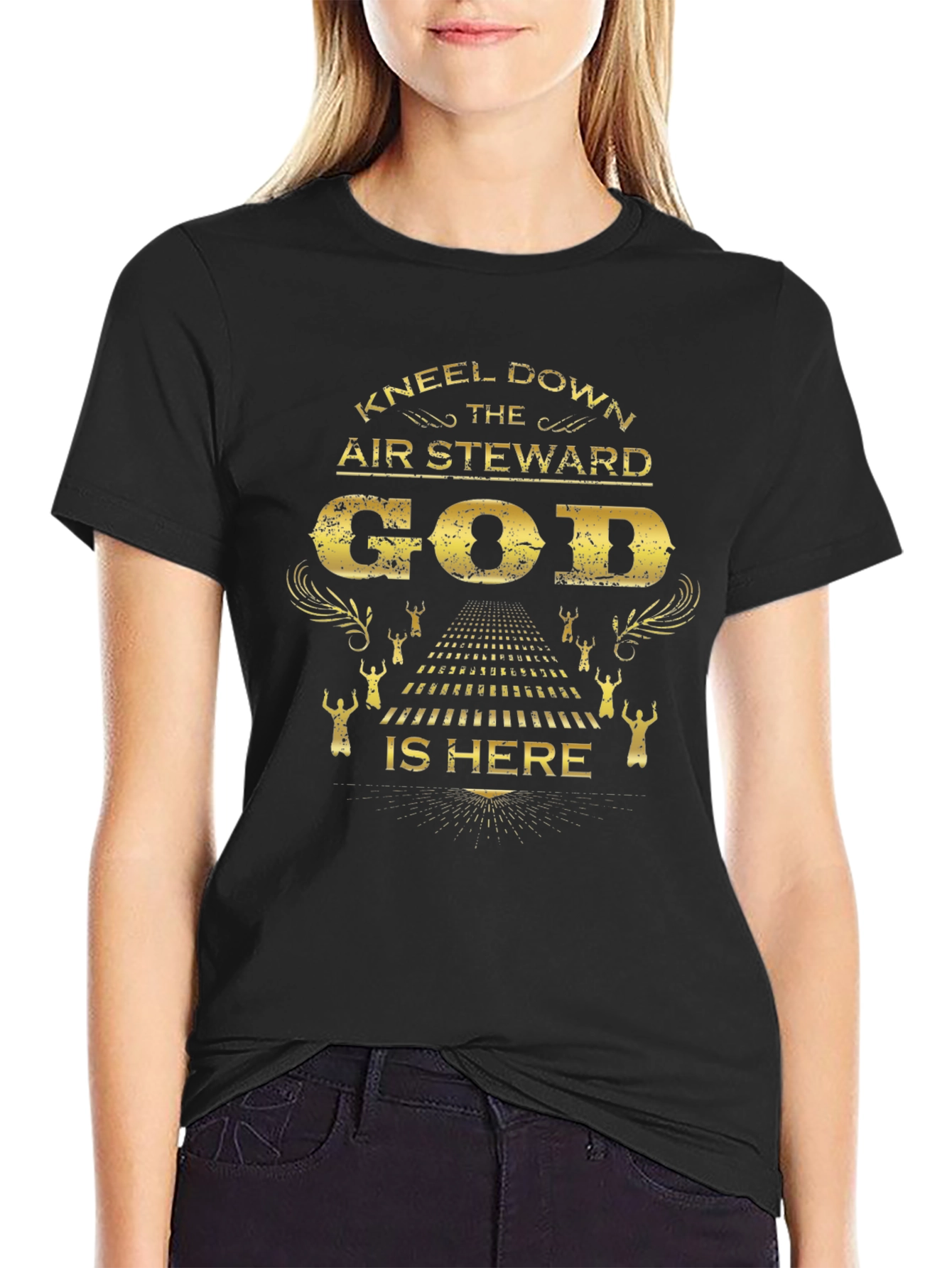 Kneel Down Air Steward God Is Here Black T-Shirt