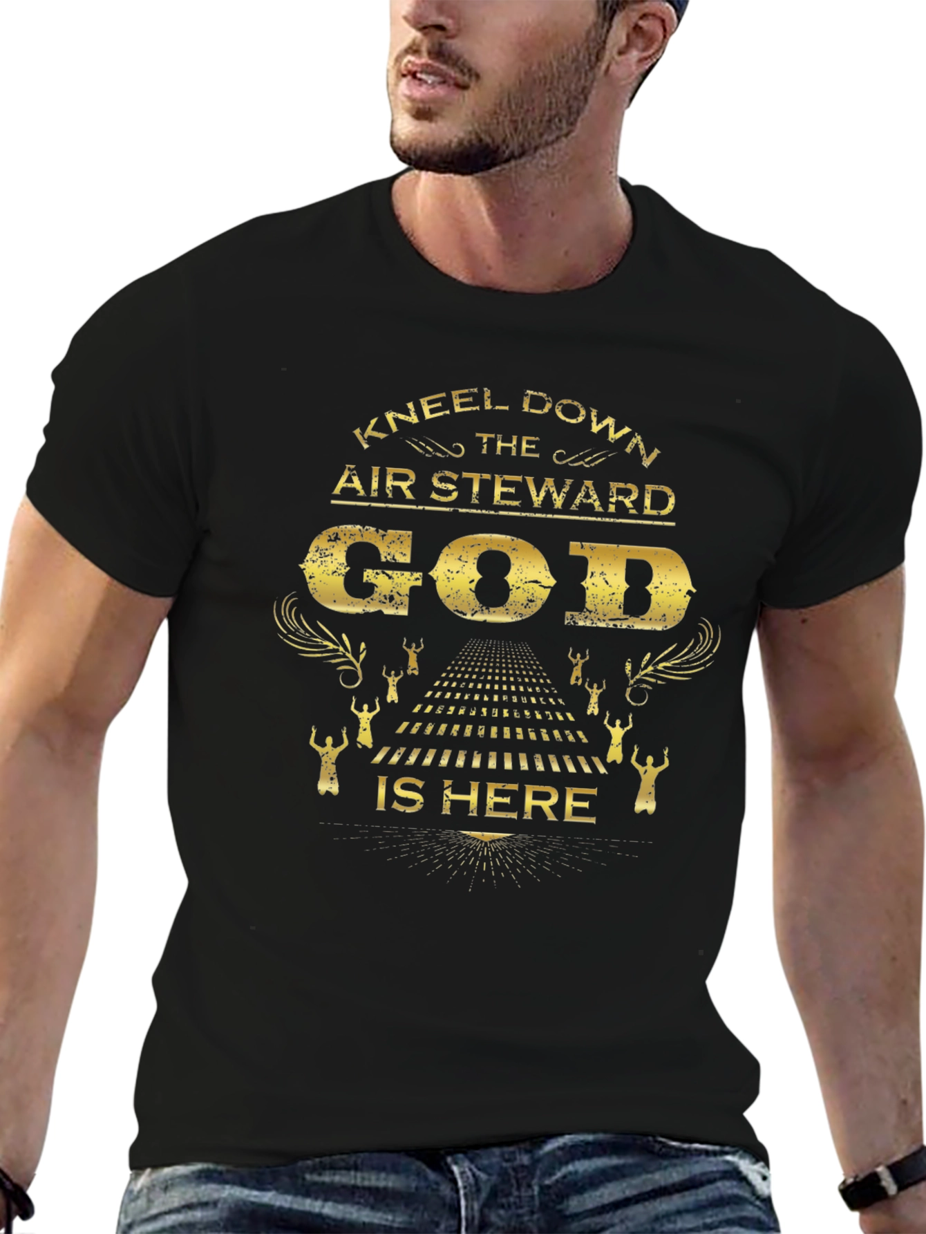 Kneel Down Air Steward God Is Here Black T-Shirt