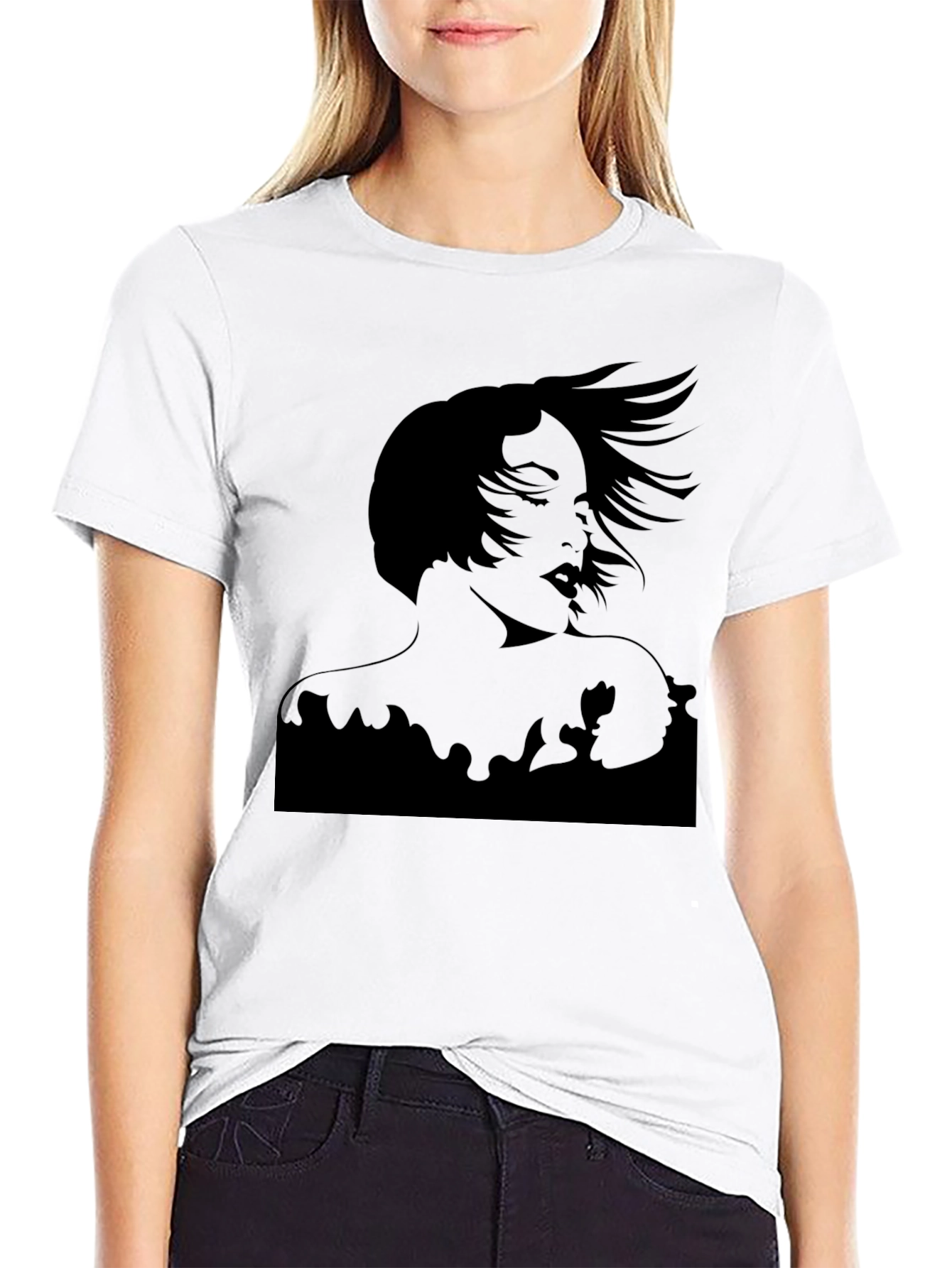 Silhouette Woman Graphic Tee - Black Cotton Casual T-Shirt
