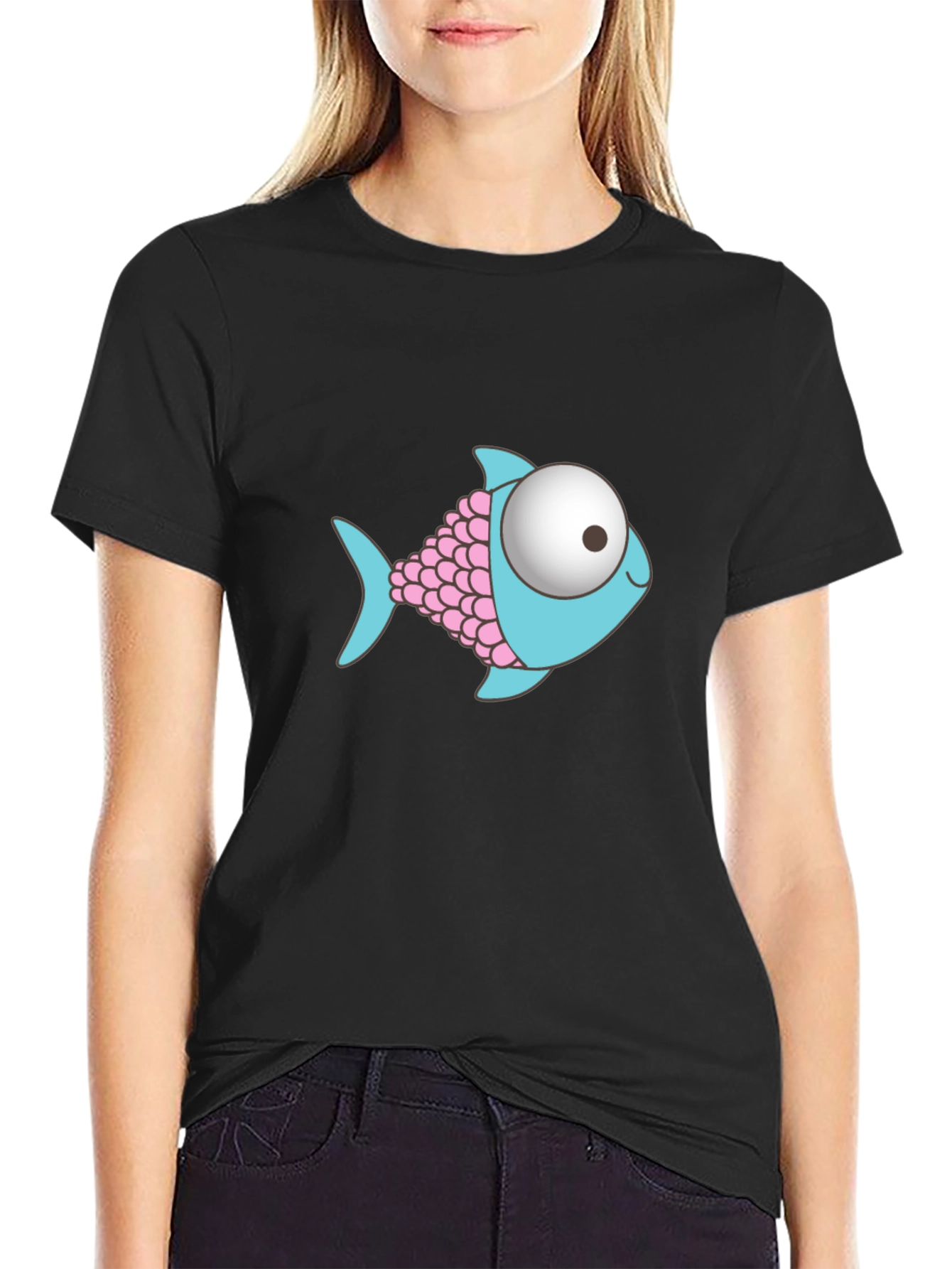 Cartoon Fish Graphic Black T-Shirt