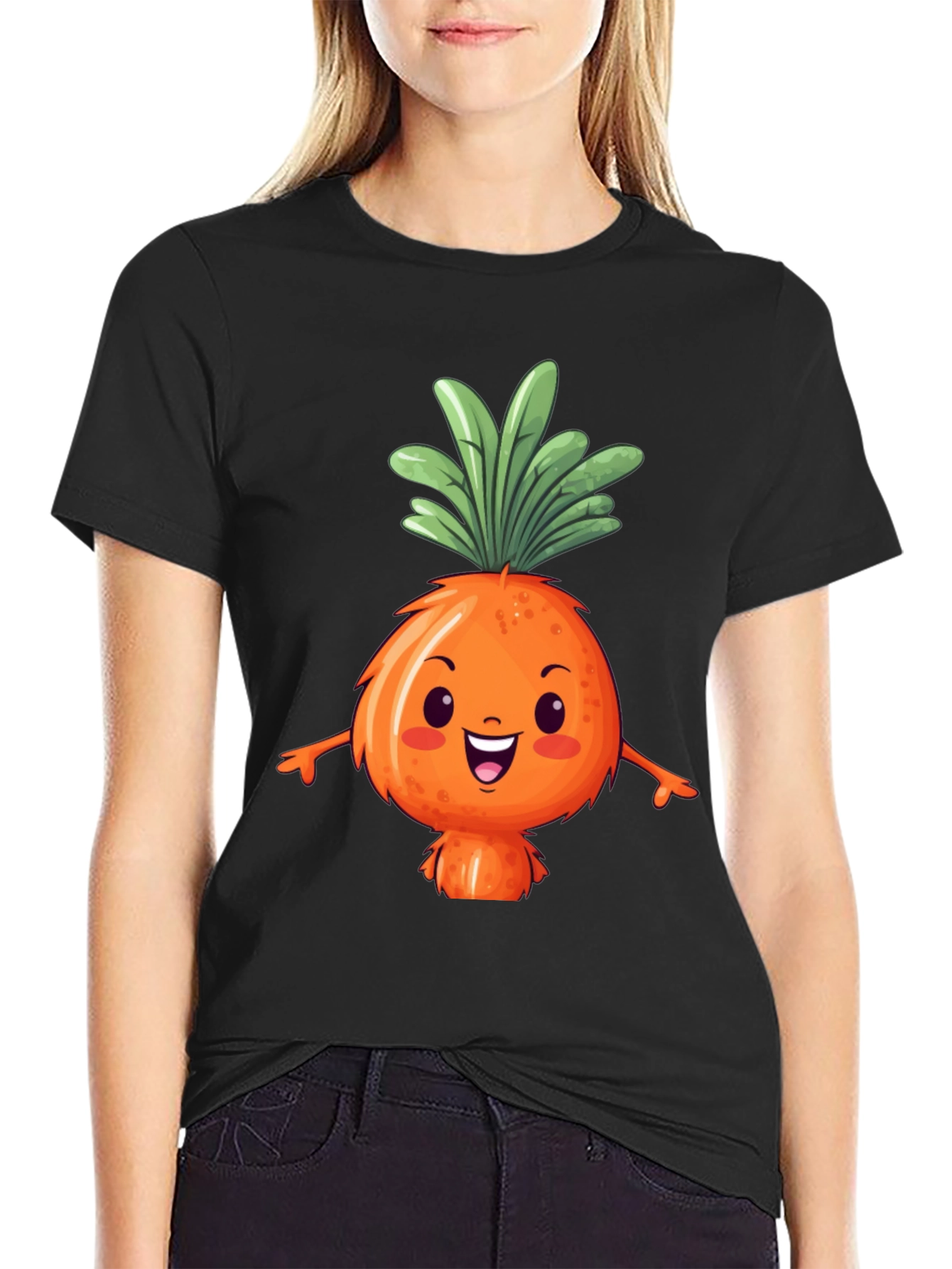 Cute Carrot Character Black T-Shirt
