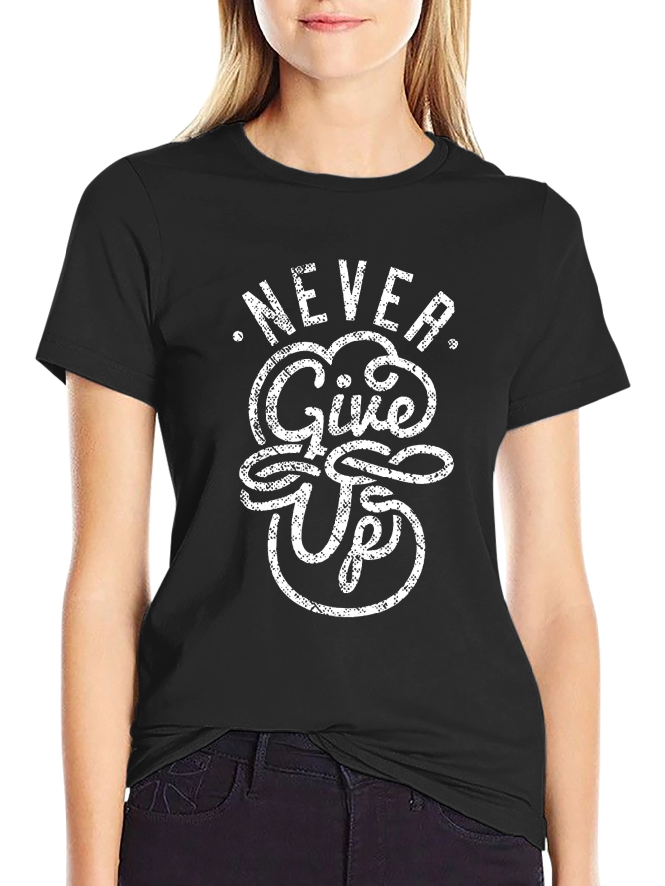 Never Give Up Graphic Tee - Black Cotton T-Shirt
