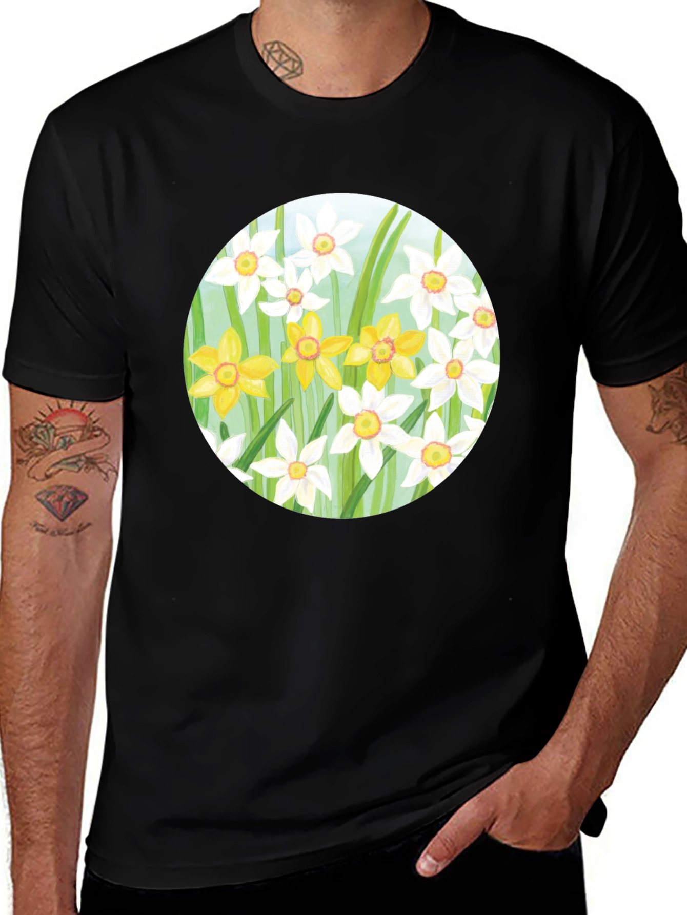 Floral Daffodil Print Black T-Shirt