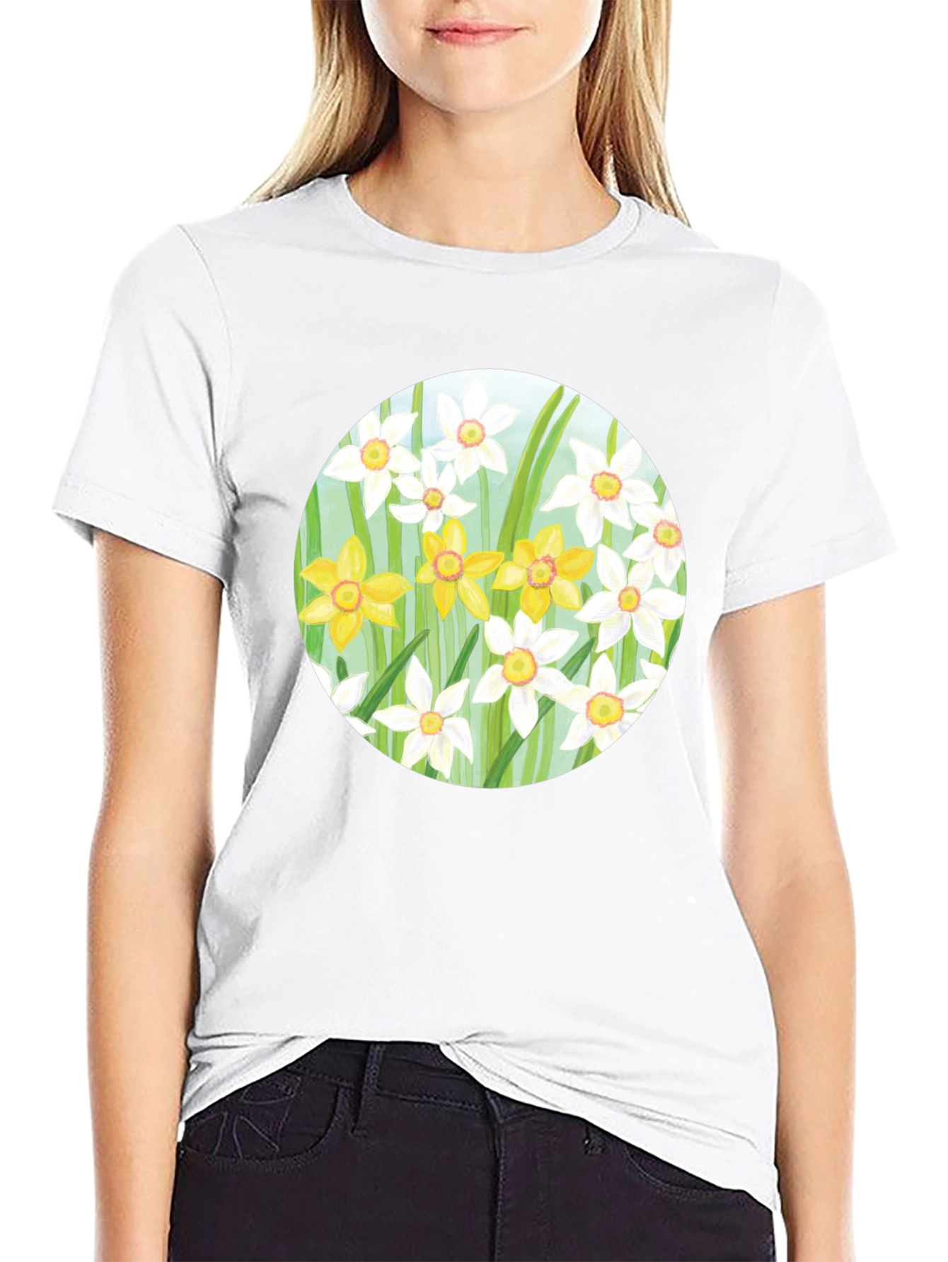 Floral Daffodil Print Black T-Shirt