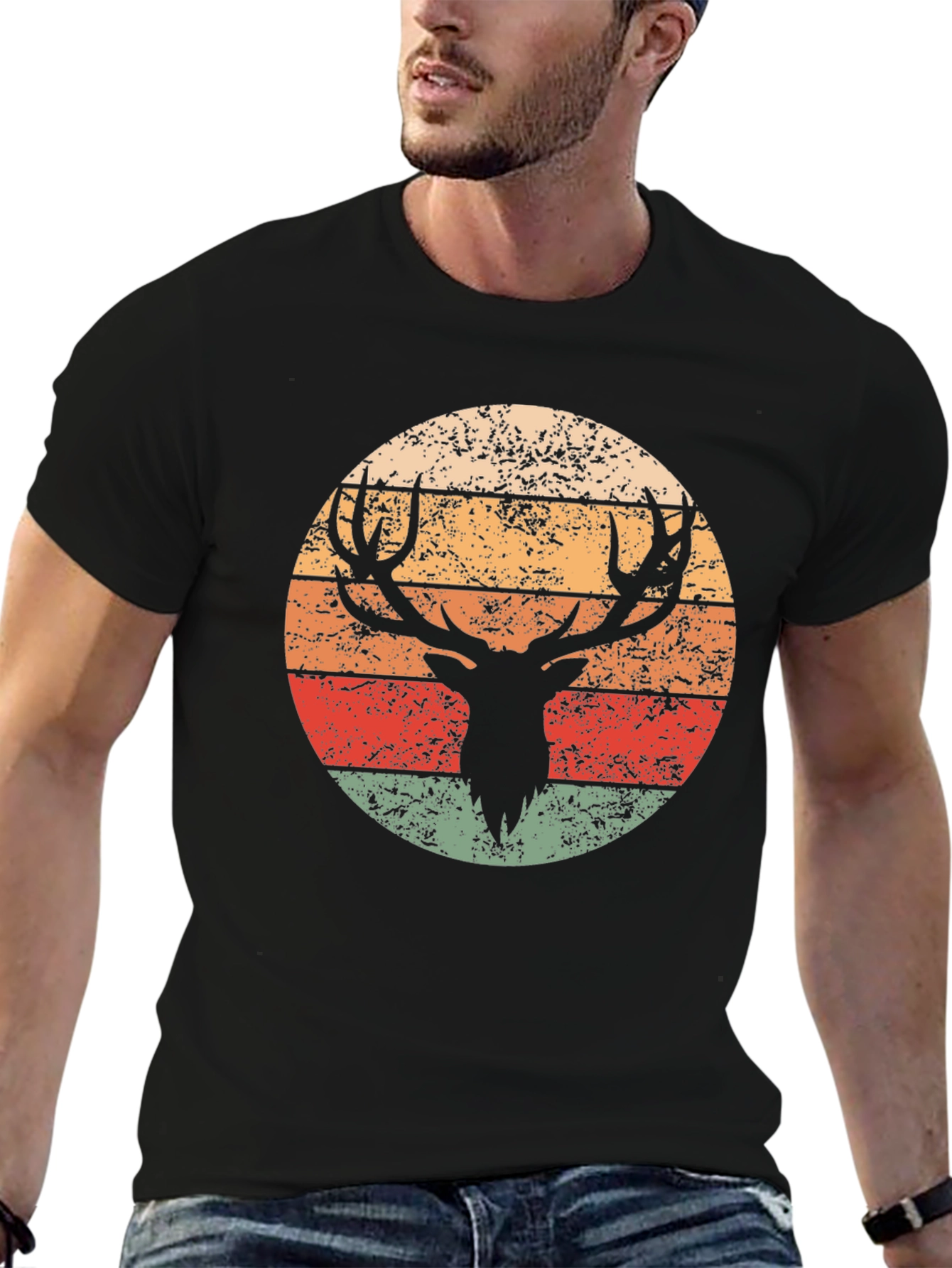 Retro Deer Graphic T-Shirt - Black Crew Neck