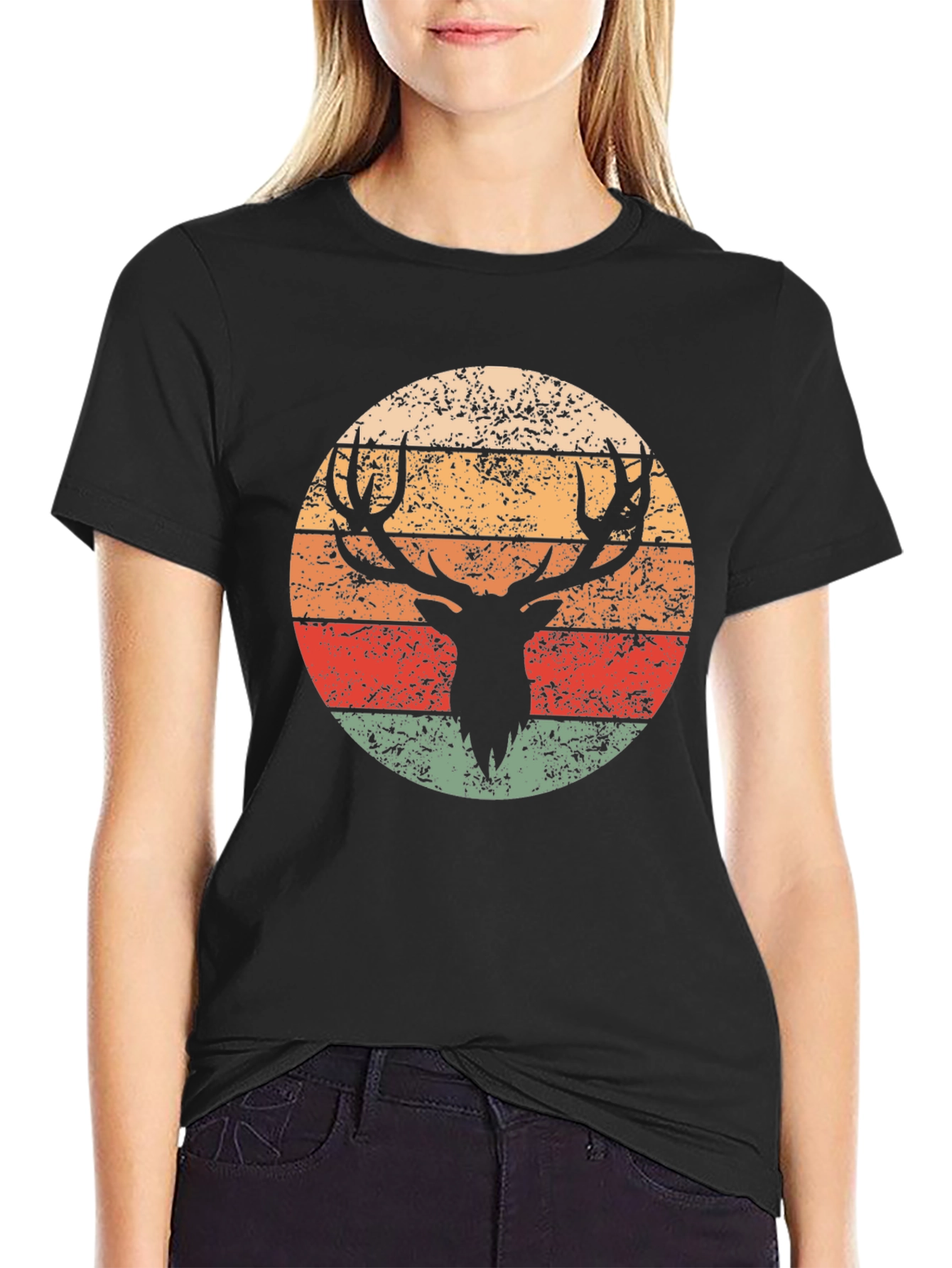 Retro Deer Graphic T-Shirt - Black Crew Neck