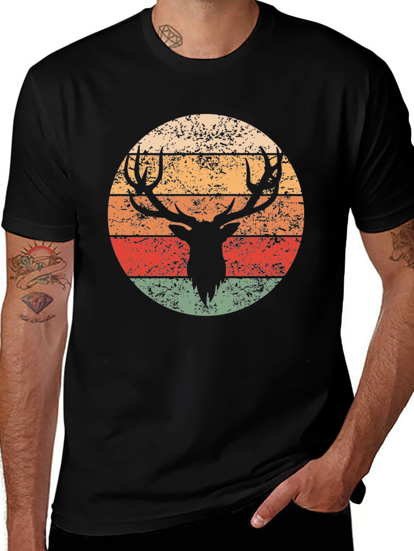 Retro Deer Graphic T-Shirt - Black Crew Neck