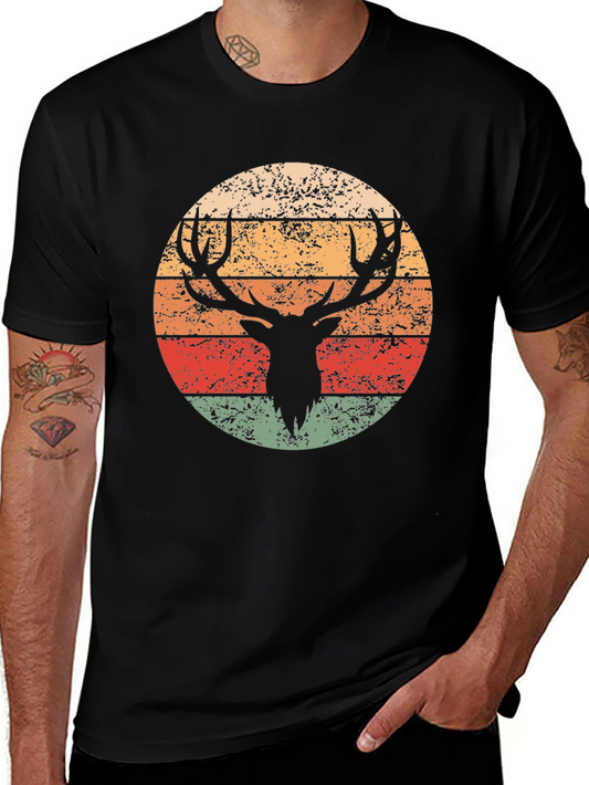 Retro Deer Graphic T-Shirt - Black Crew Neck