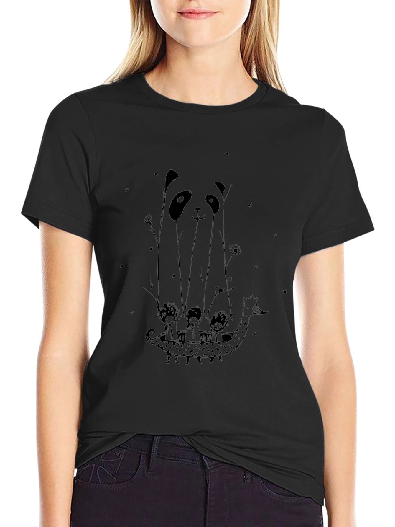 Panda Boat Ride Graphic Tee - Black Cotton T-Shirt