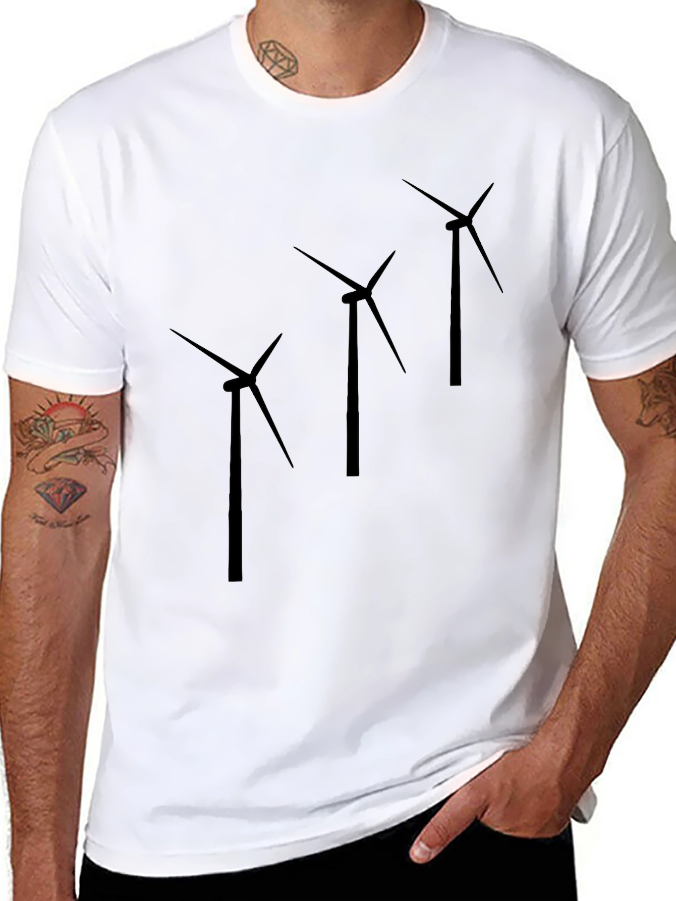 Wind Turbine Graphic Print Black T-Shirt