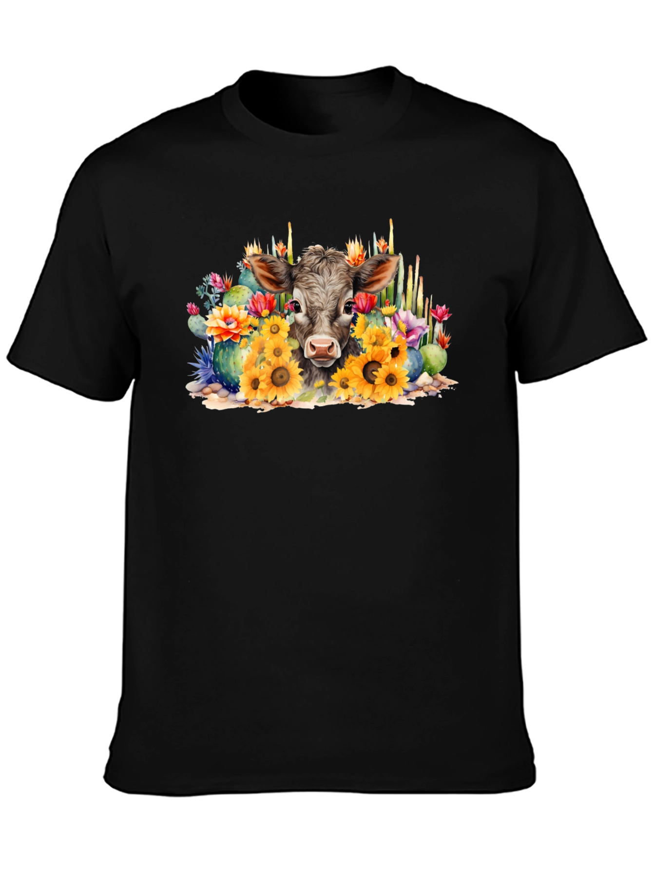 Cow with Flowers Black Tee
