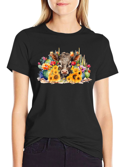 Cow with Flowers Black Tee