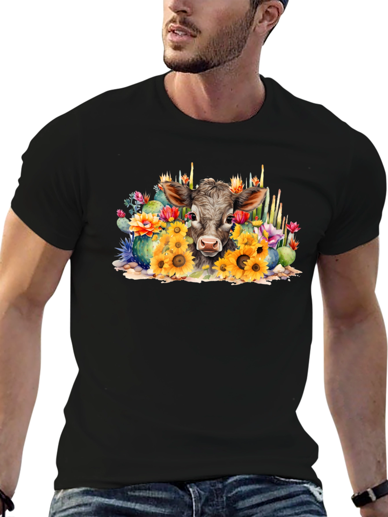 Cow with Flowers Black Tee