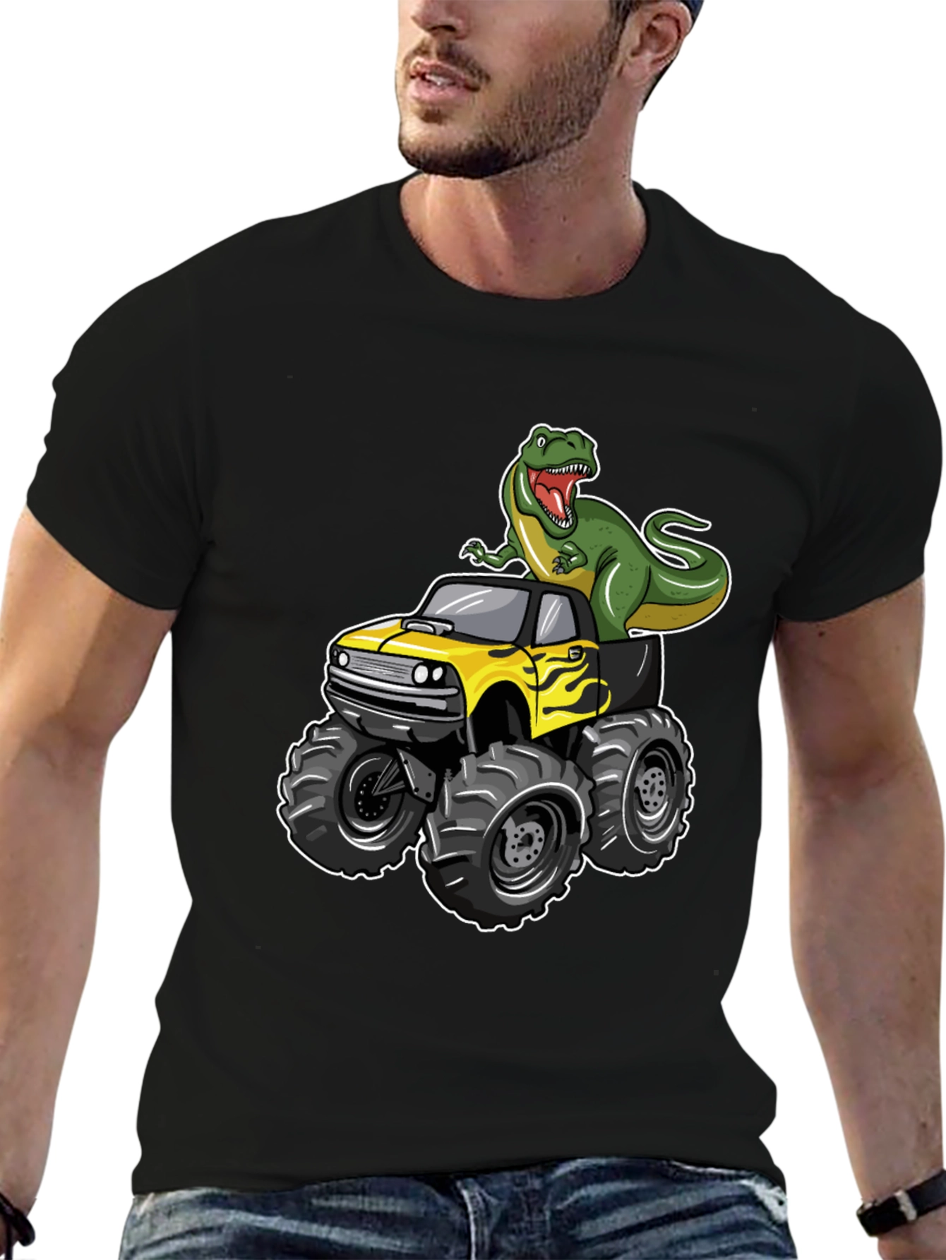 Dinosaur Monster Truck Graphic Tee - Cool Black T-Shirt