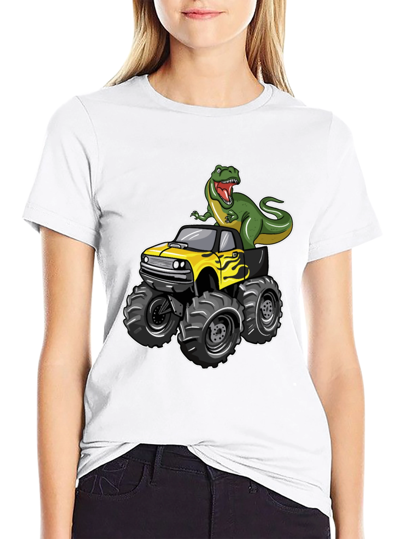 Dinosaur Monster Truck Graphic Tee - Cool Black T-Shirt