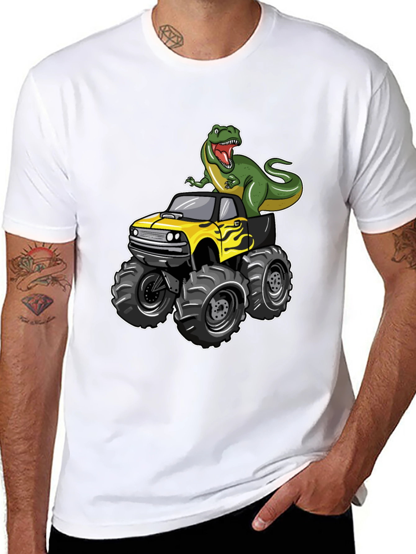Dinosaur Monster Truck Graphic Tee - Cool Black T-Shirt
