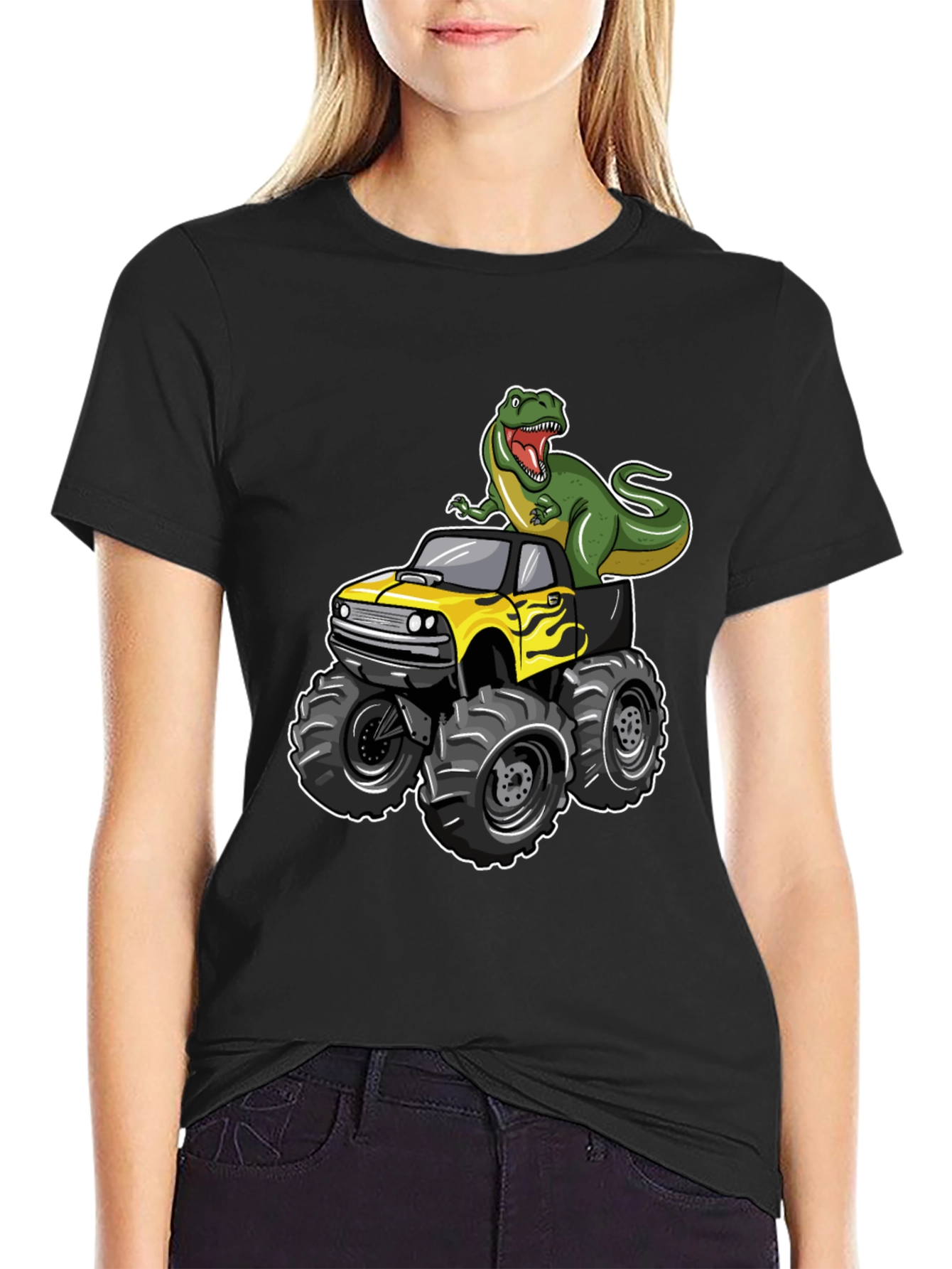 Dinosaur Monster Truck Graphic Tee - Cool Black T-Shirt