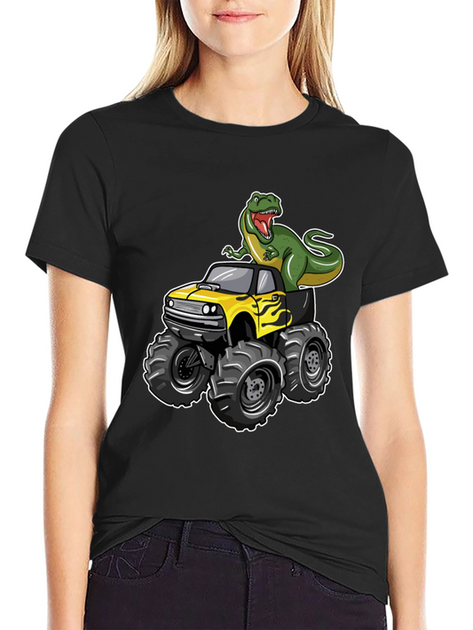 Dinosaur Monster Truck Graphic Tee - Cool Black T-Shirt