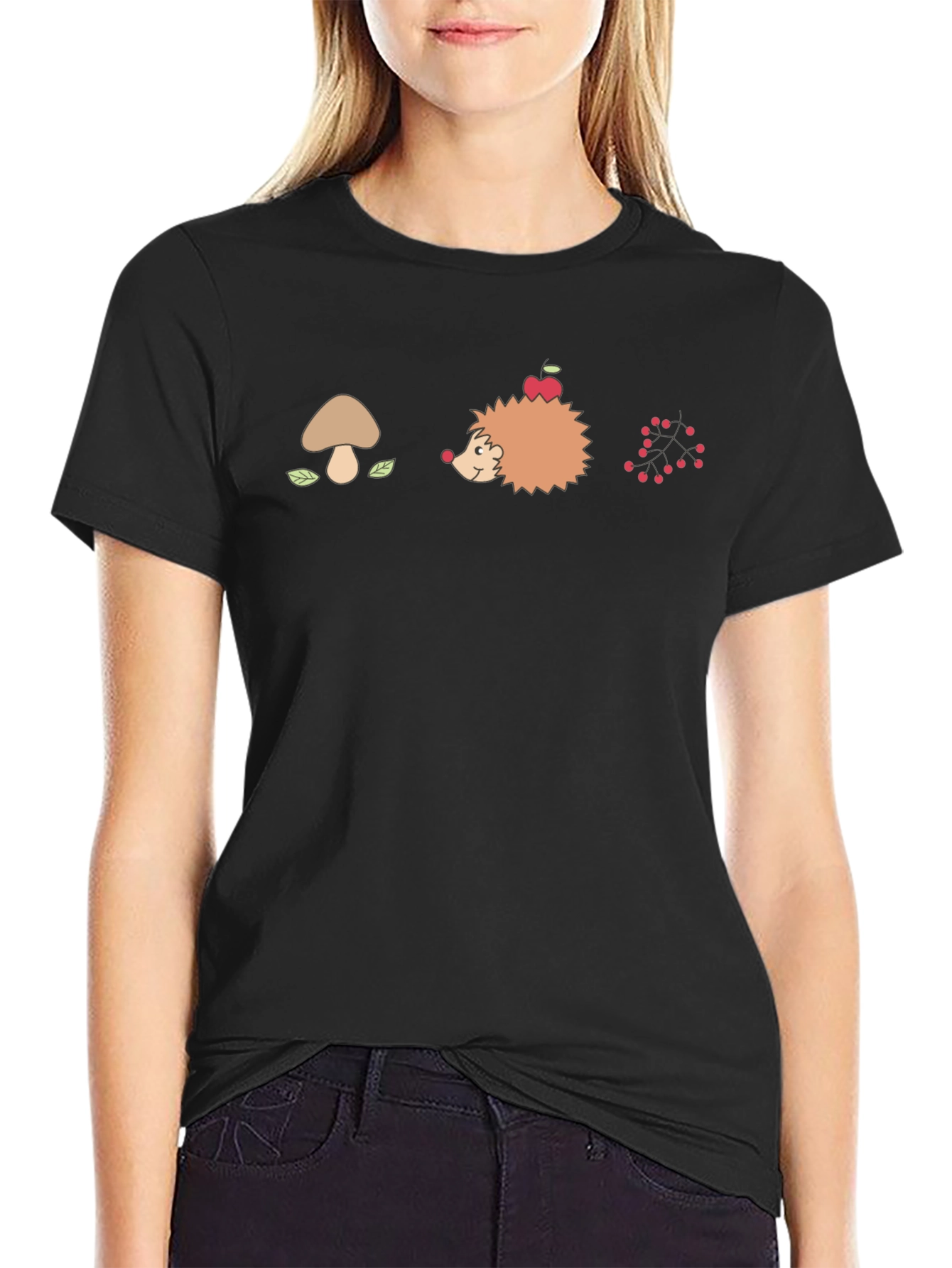 Mens Black Graphic T-Shirt - Mushroom Hedgehog Berries Design