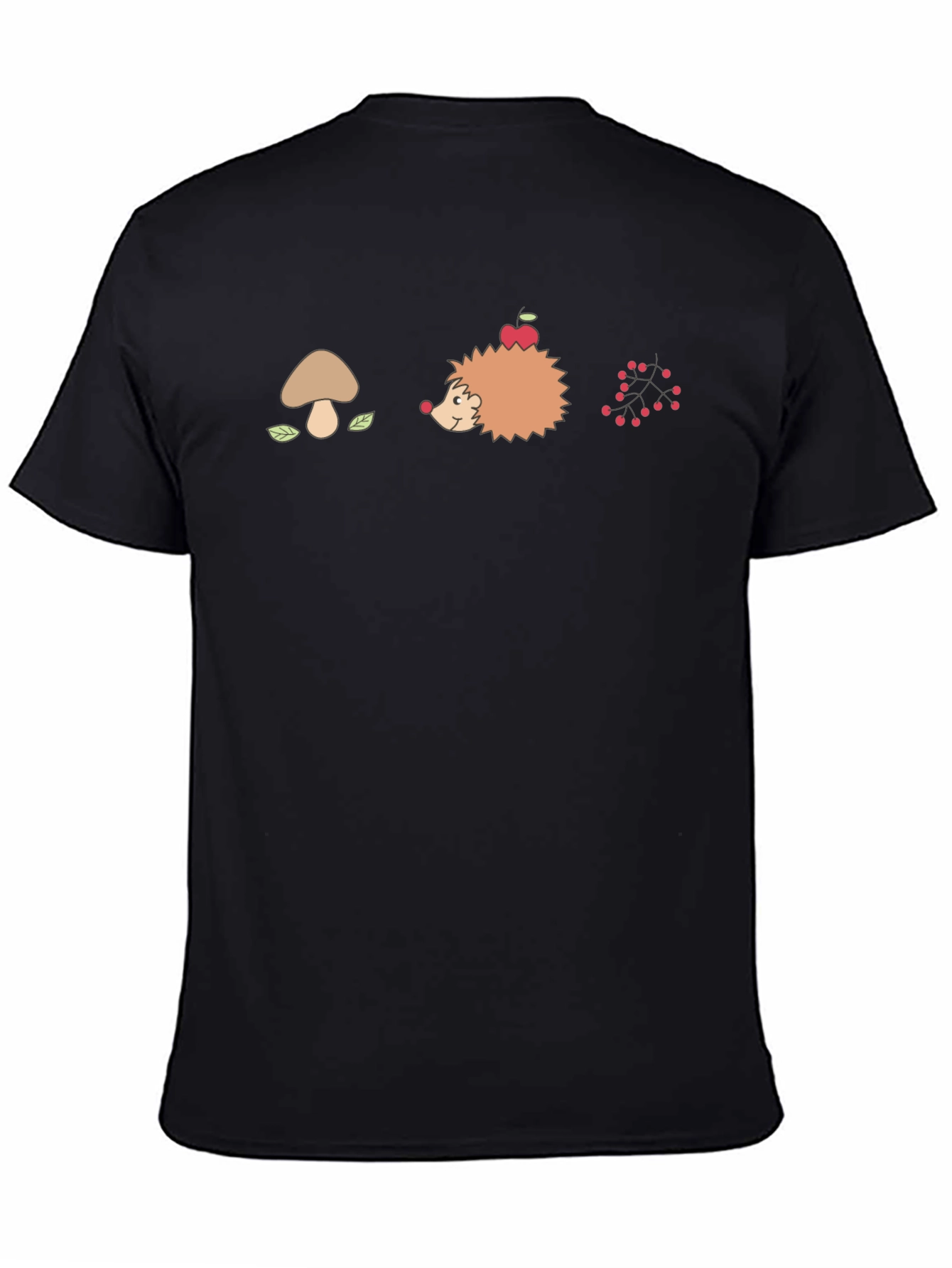 Mens Black Graphic T-Shirt - Mushroom Hedgehog Berries Design