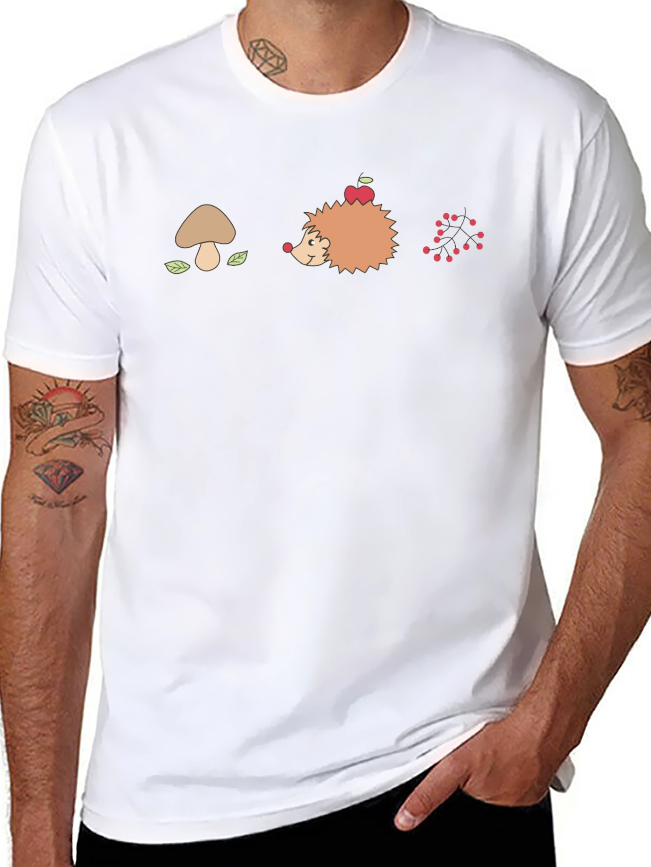 Mens Black Graphic T-Shirt - Mushroom Hedgehog Berries Design