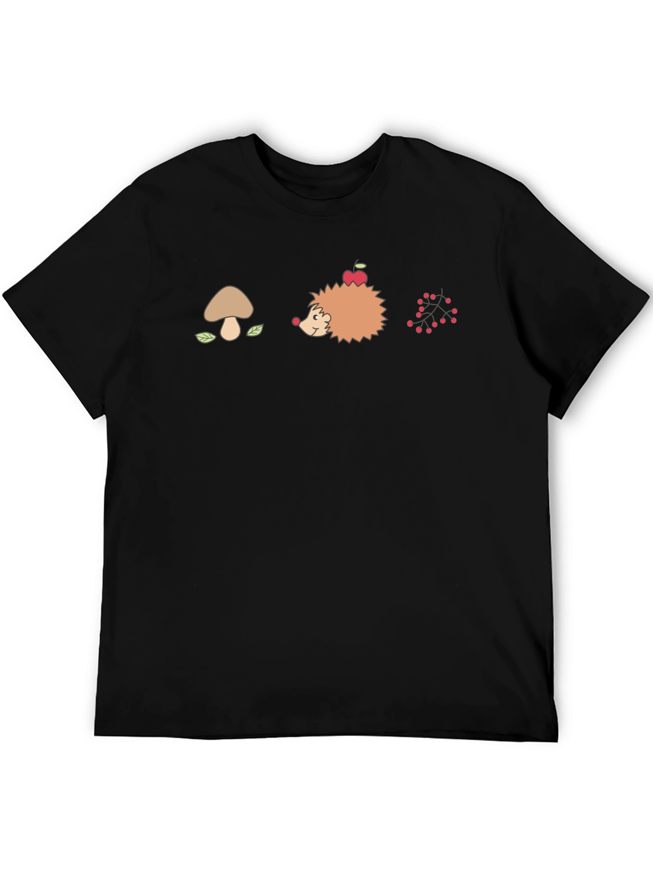 Mens Black Graphic T-Shirt - Mushroom Hedgehog Berries Design