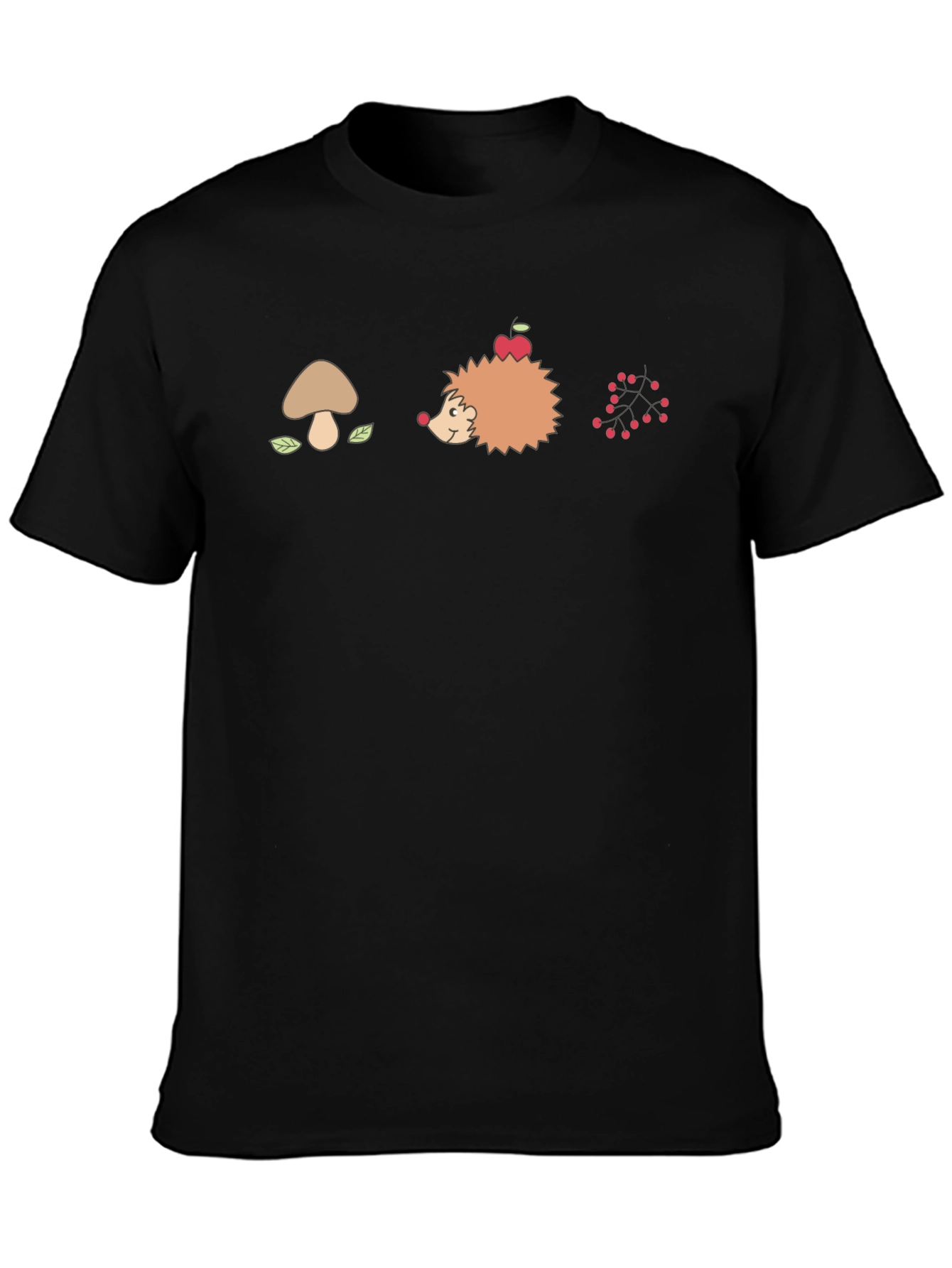 Mens Black Graphic T-Shirt - Mushroom Hedgehog Berries Design