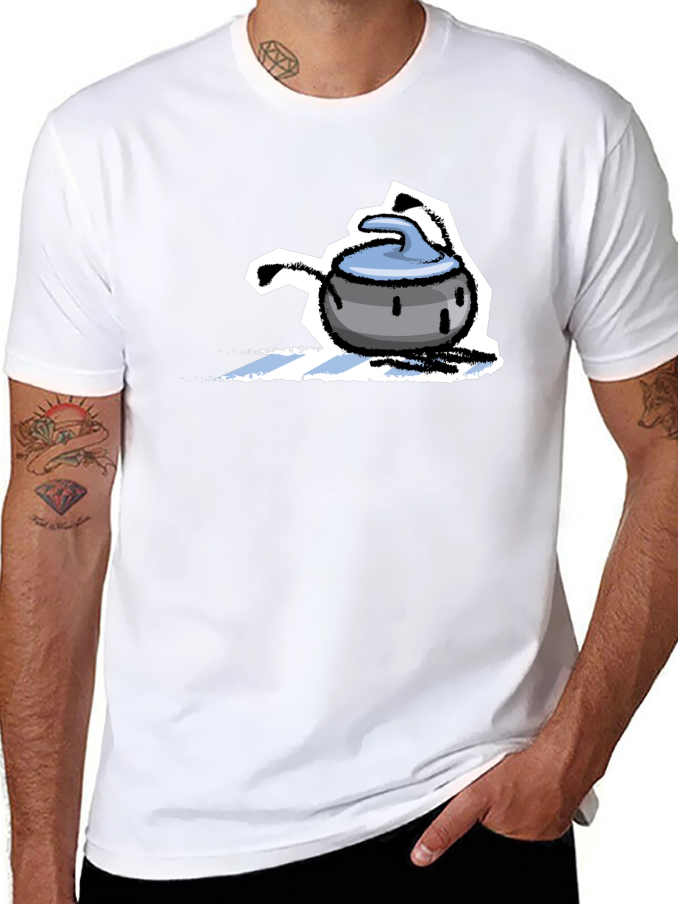 Funny Curling Stone Cartoon Black T-Shirt