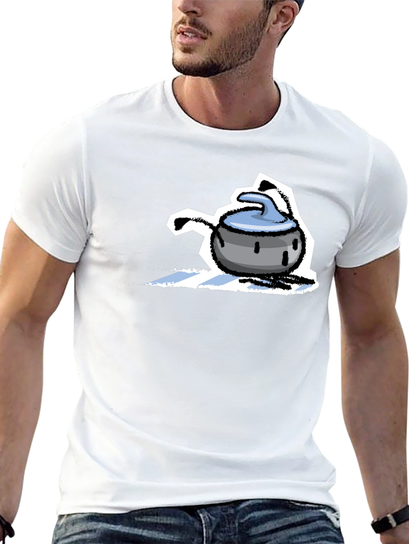 Funny Curling Stone Cartoon Black T-Shirt