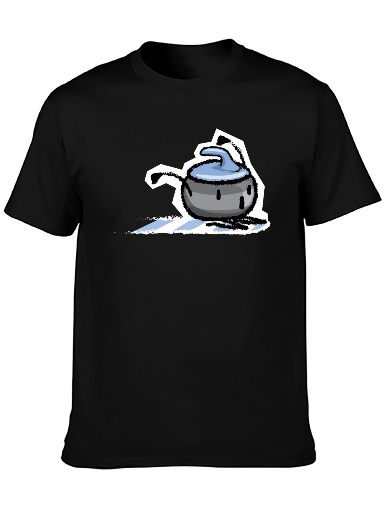 Funny Curling Stone Cartoon Black T-Shirt