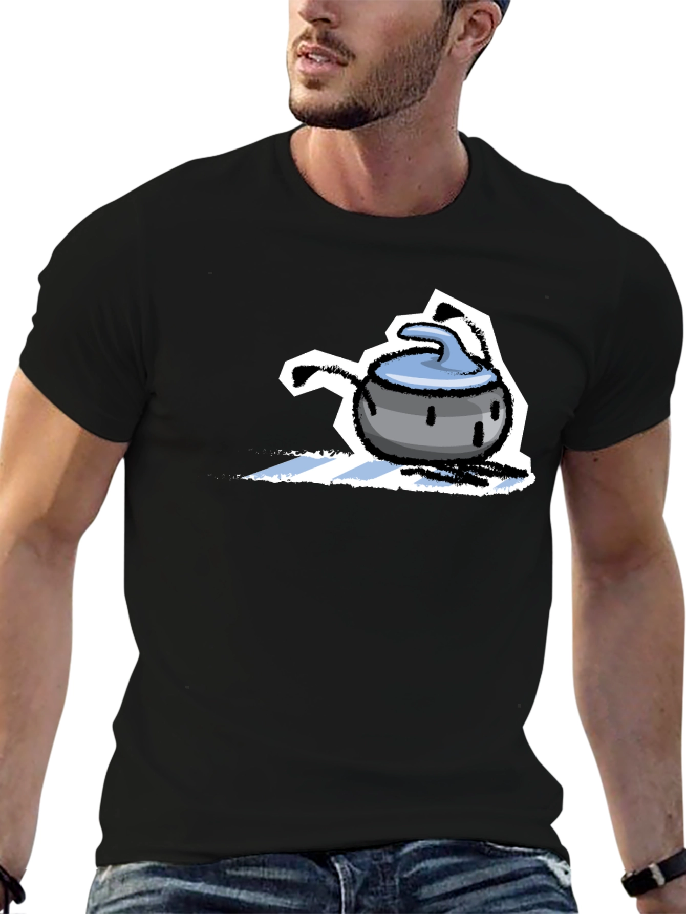 Funny Curling Stone Cartoon Black T-Shirt