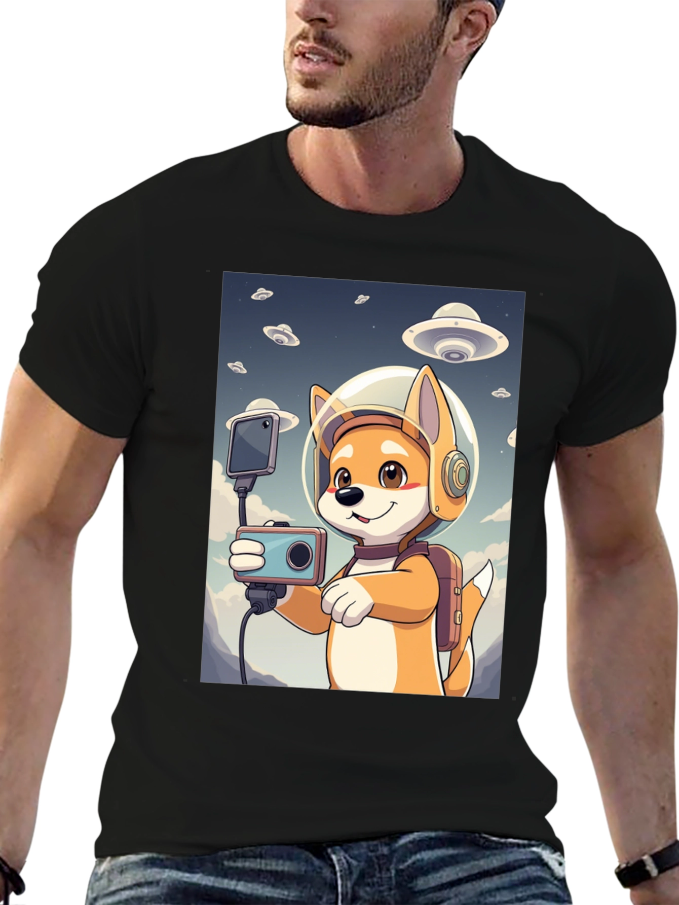 Dog Astronaut Selfie Black T-Shirt