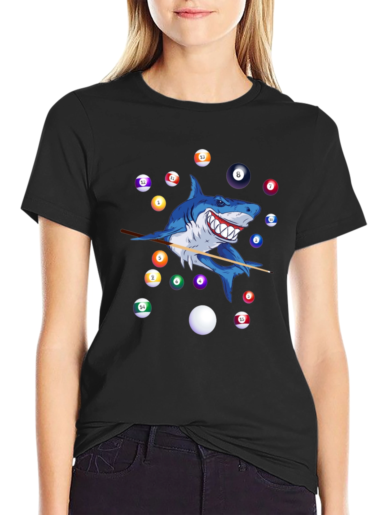 Shark Playing Pool Graphic T-Shirt