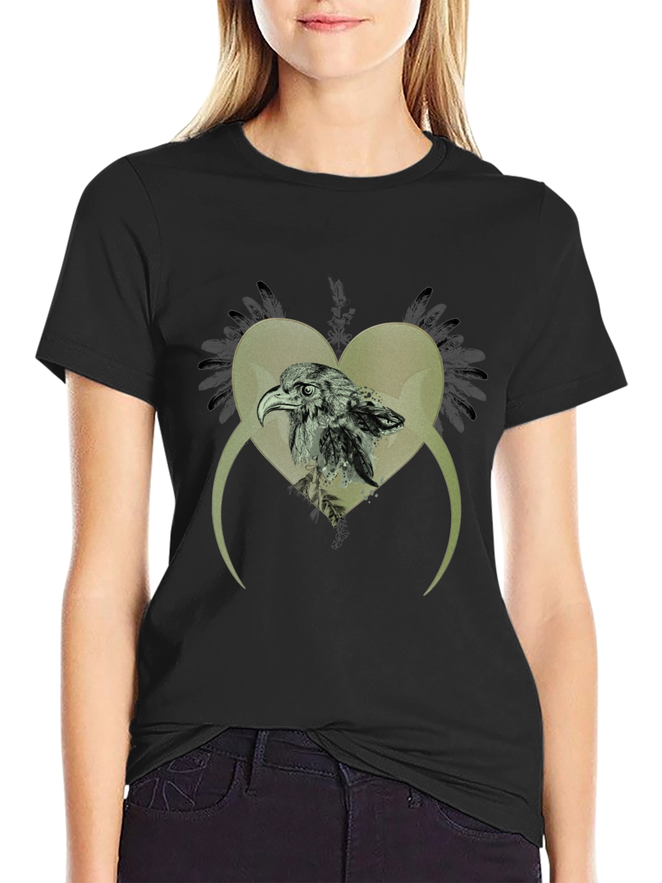 Eagle Heart Graphic Print Black T-Shirt