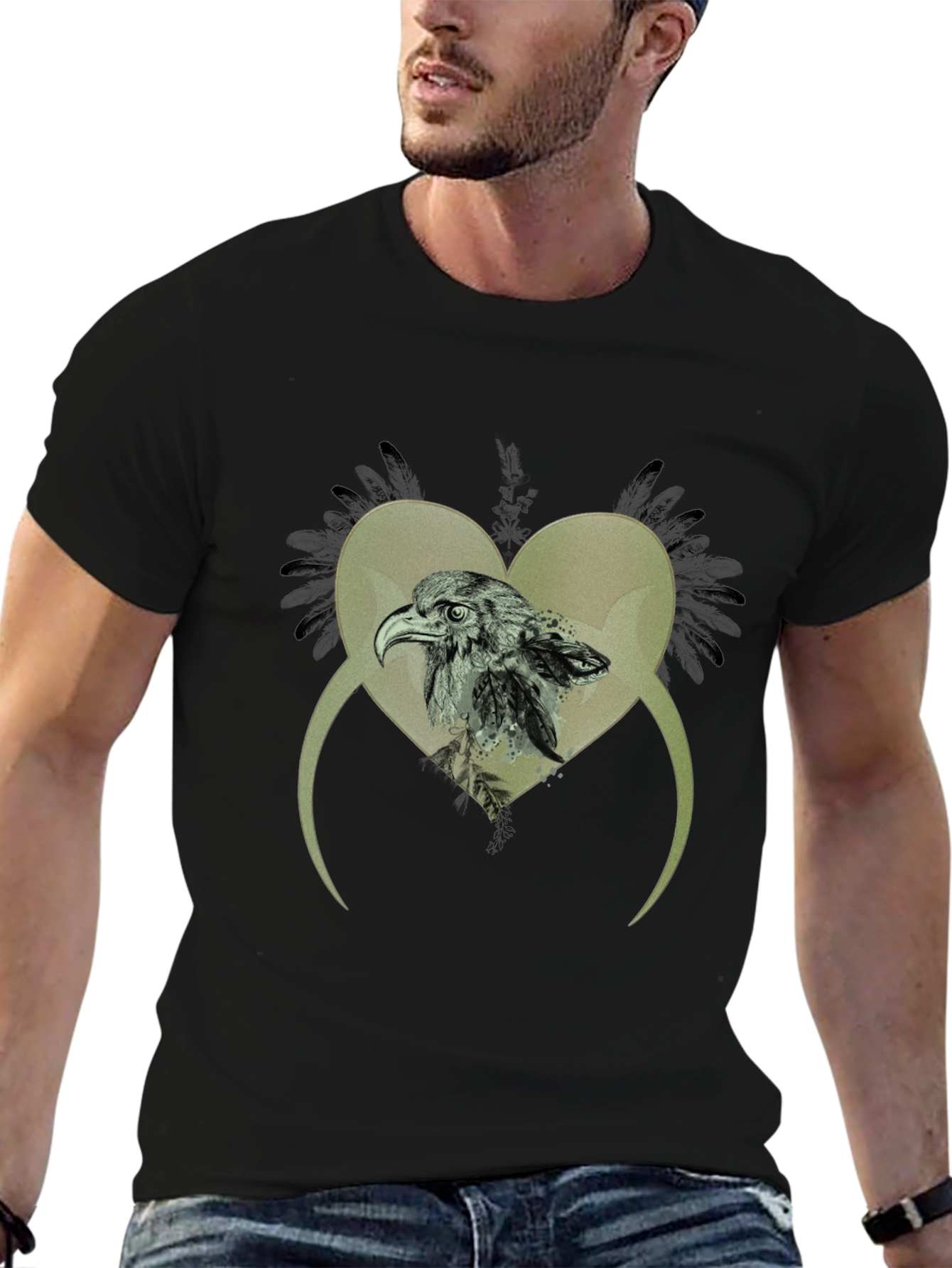 Eagle Heart Graphic Print Black T-Shirt