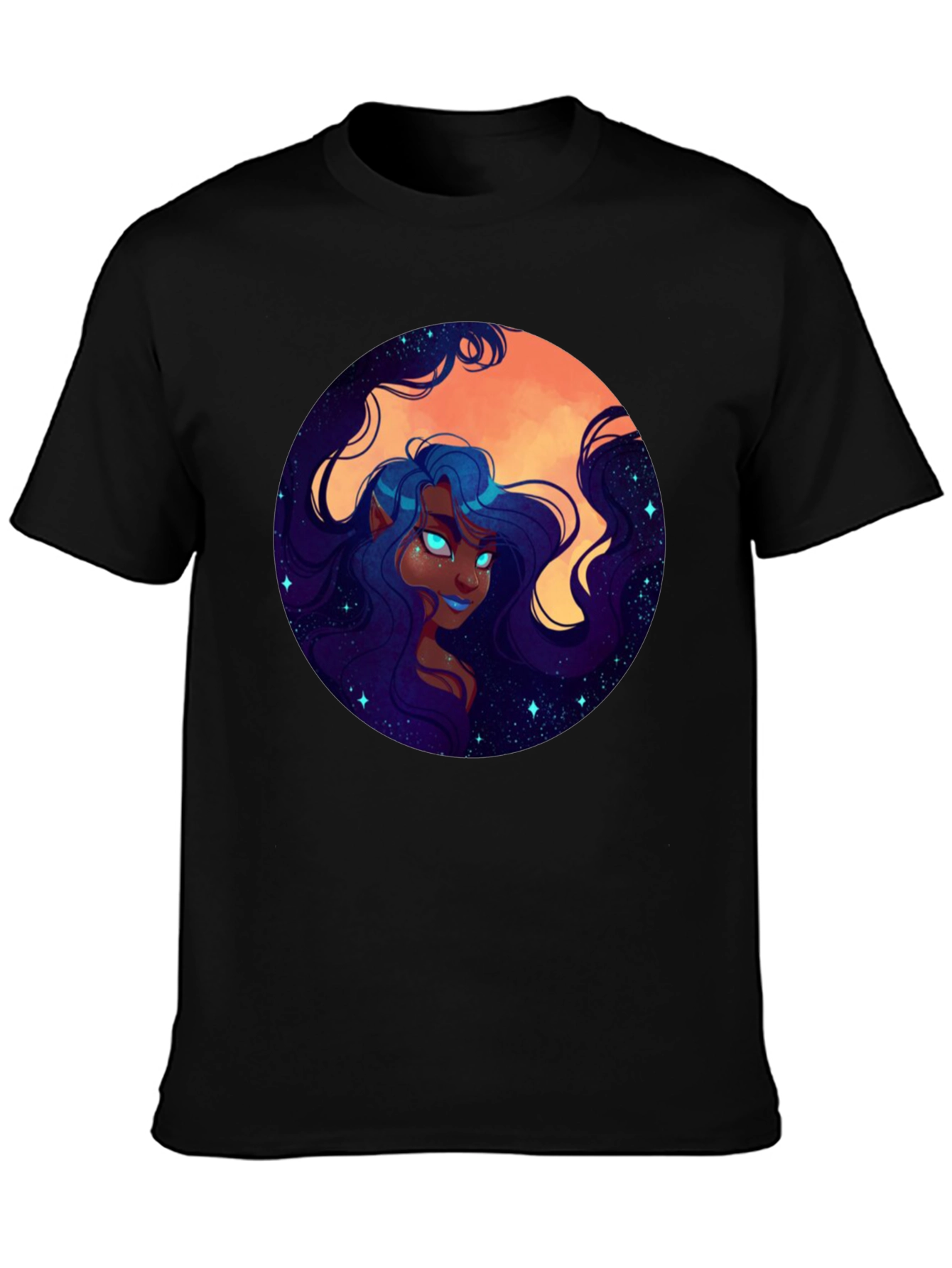 Celestial Maiden Graphic Print Black T-Shirt