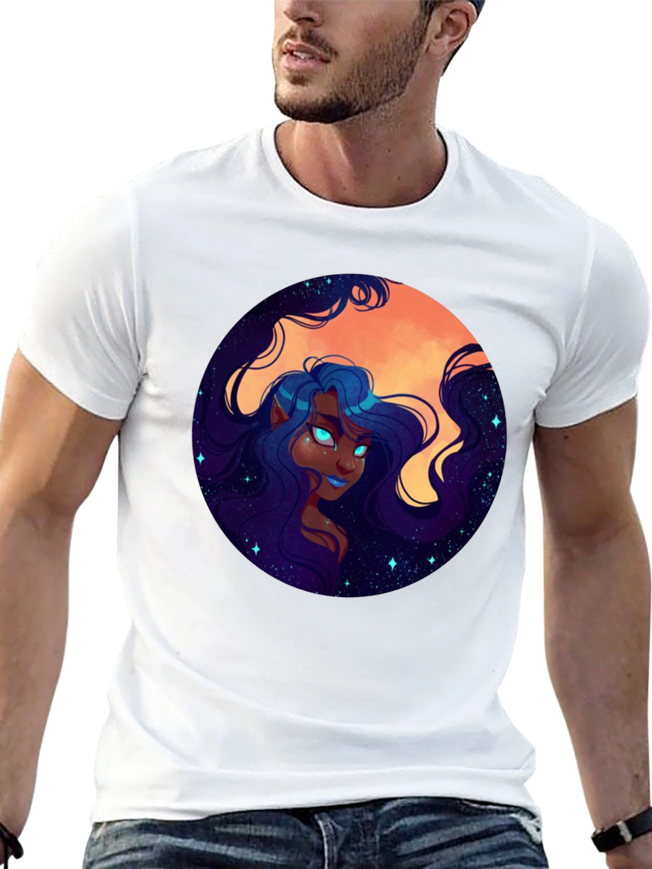 Celestial Maiden Graphic Print Black T-Shirt