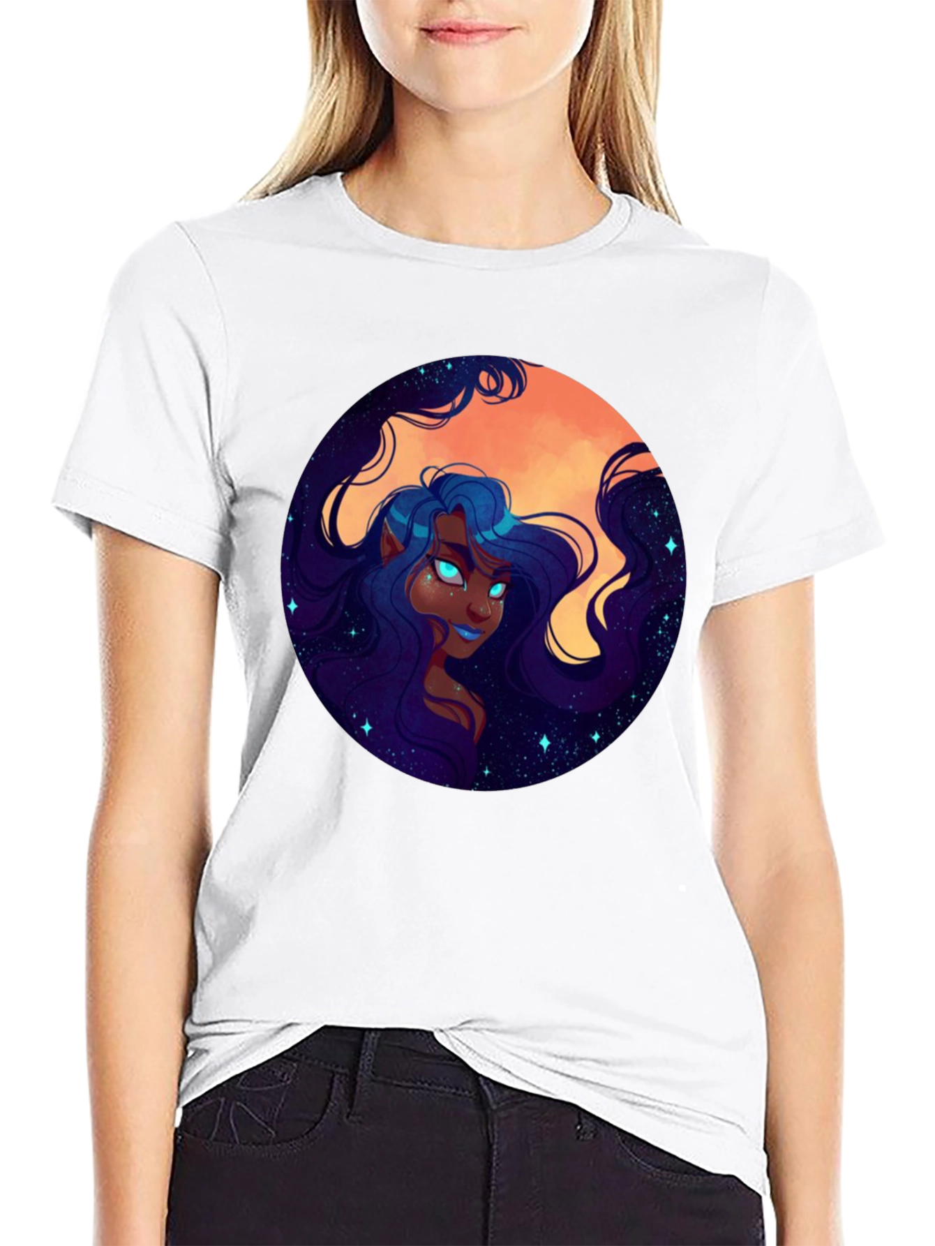 Celestial Maiden Graphic Print Black T-Shirt