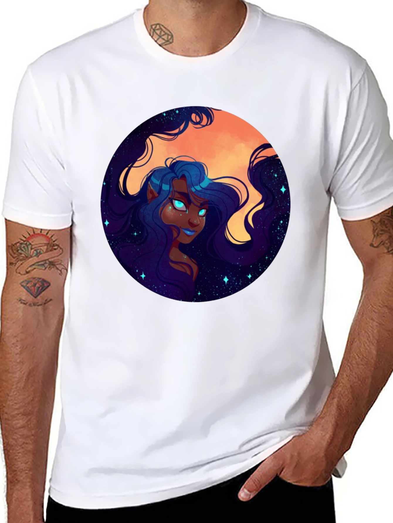 Celestial Maiden Graphic Print Black T-Shirt