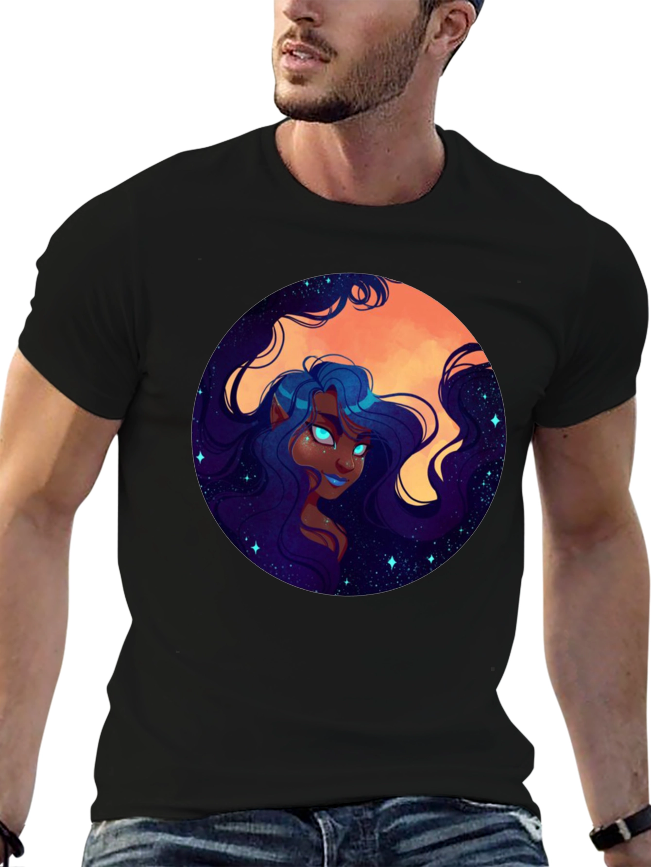Celestial Maiden Graphic Print Black T-Shirt