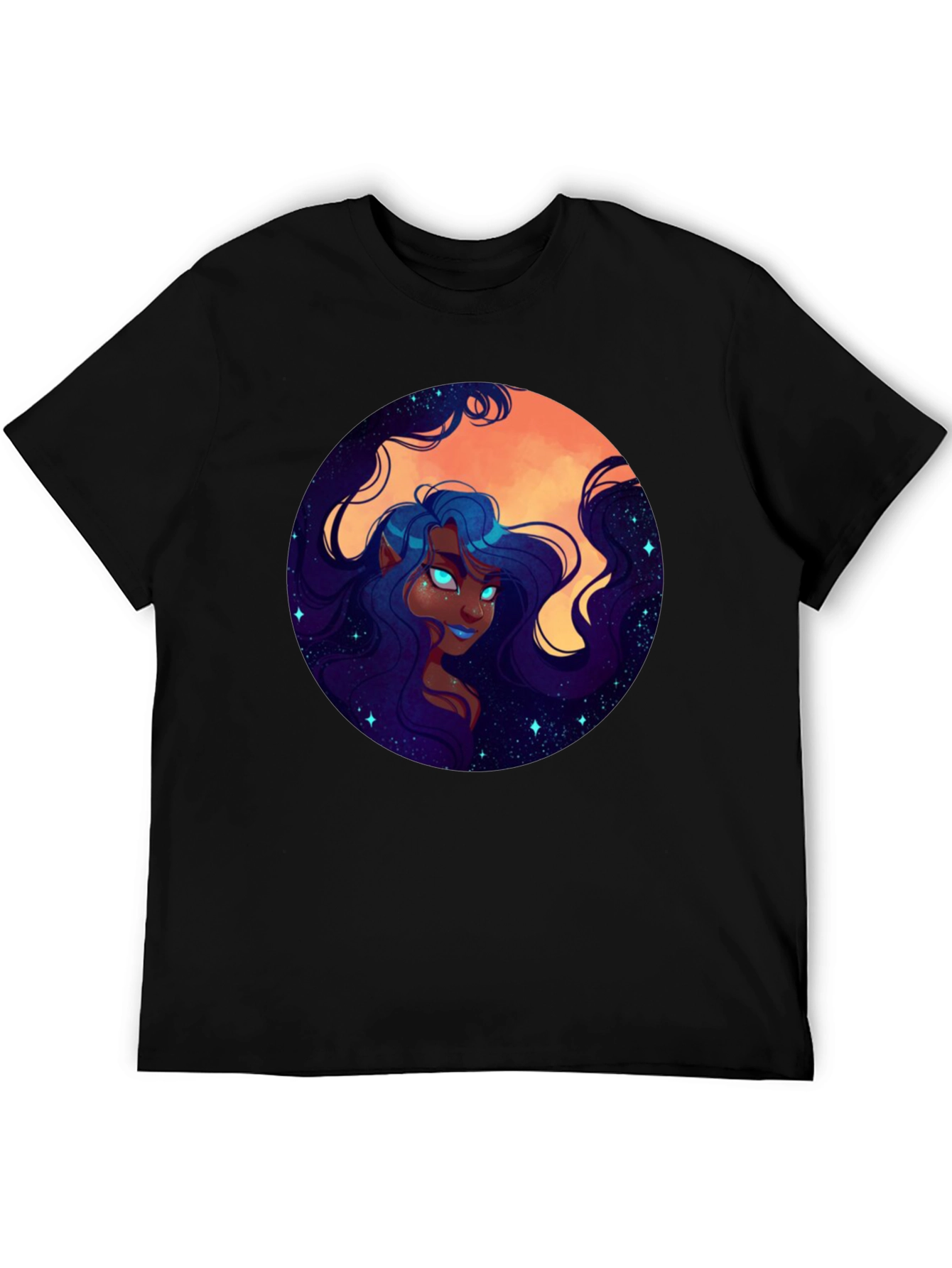 Celestial Maiden Graphic Print Black T-Shirt