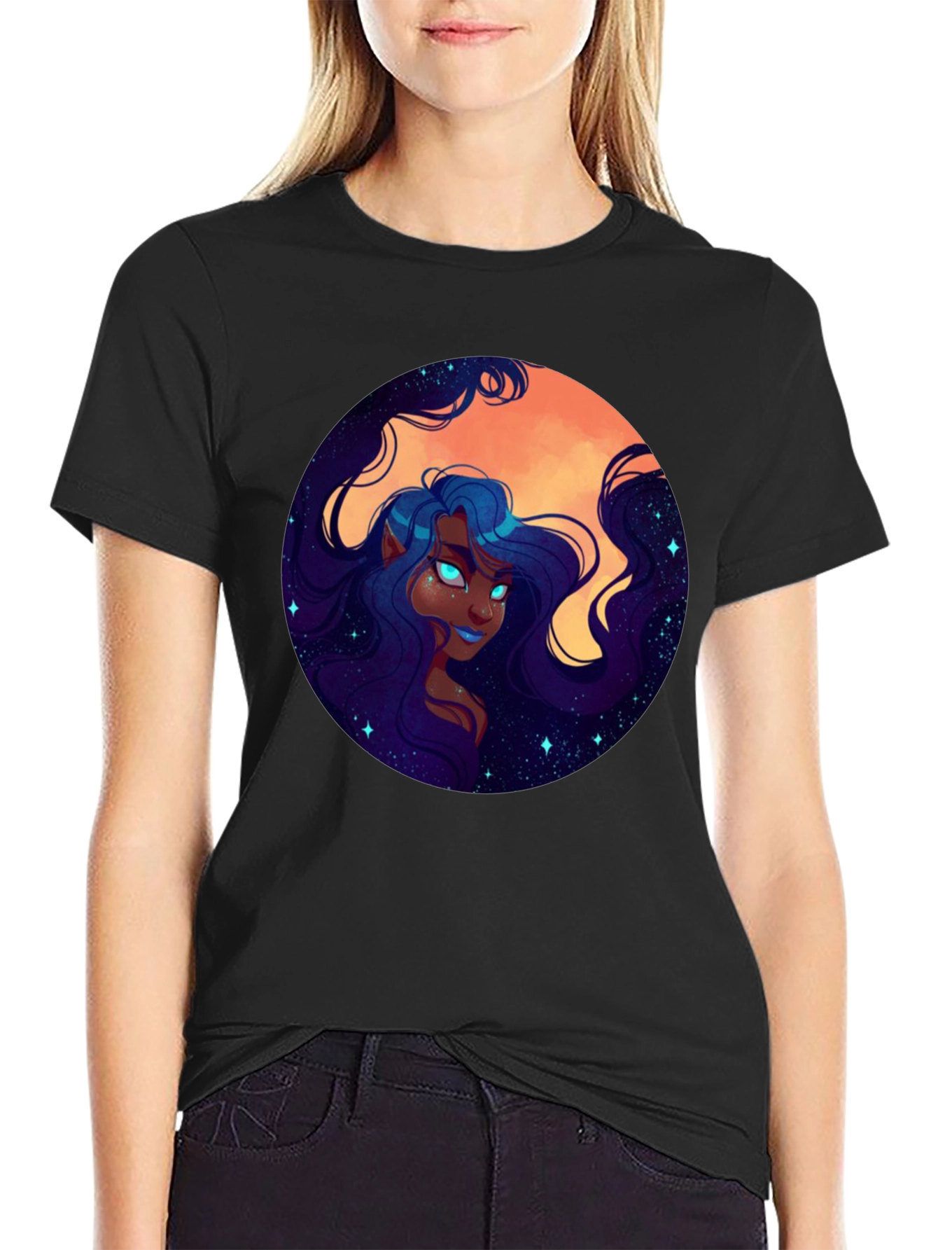 Celestial Maiden Graphic Print Black T-Shirt