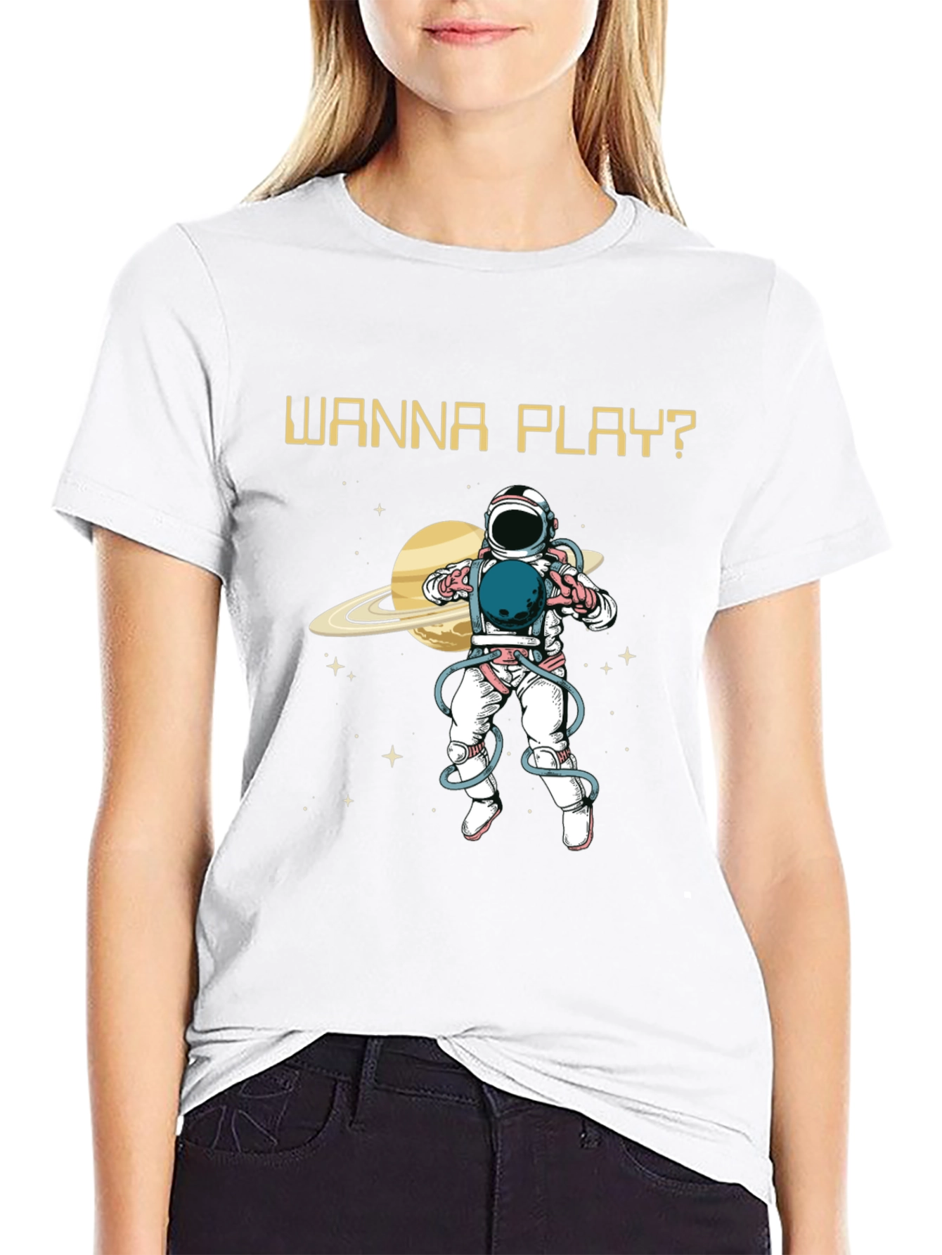 Wanna Play? Astronaut Graphic Print T-Shirt