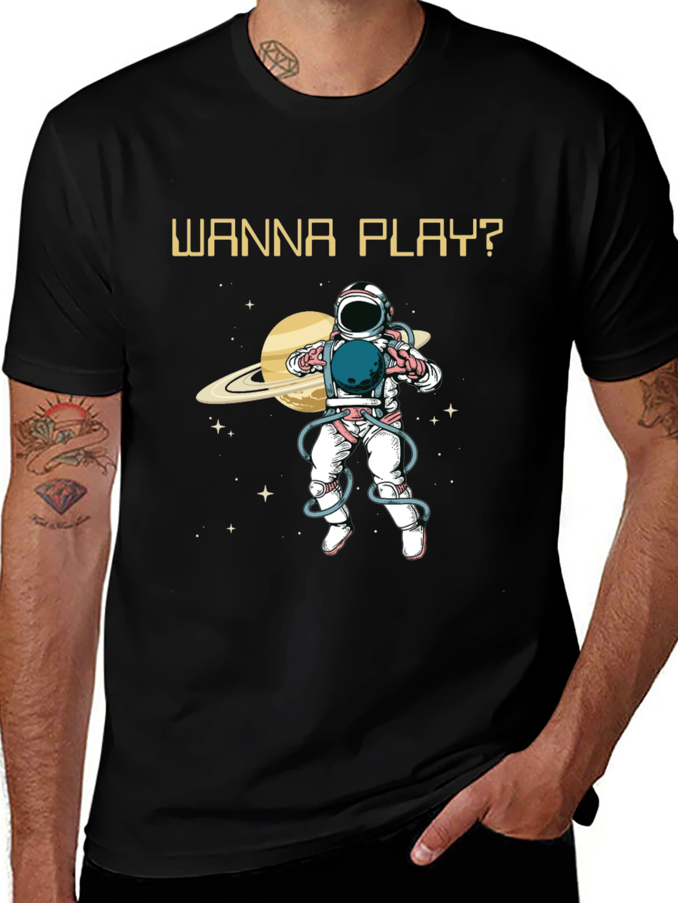 Wanna Play? Astronaut Graphic Print T-Shirt