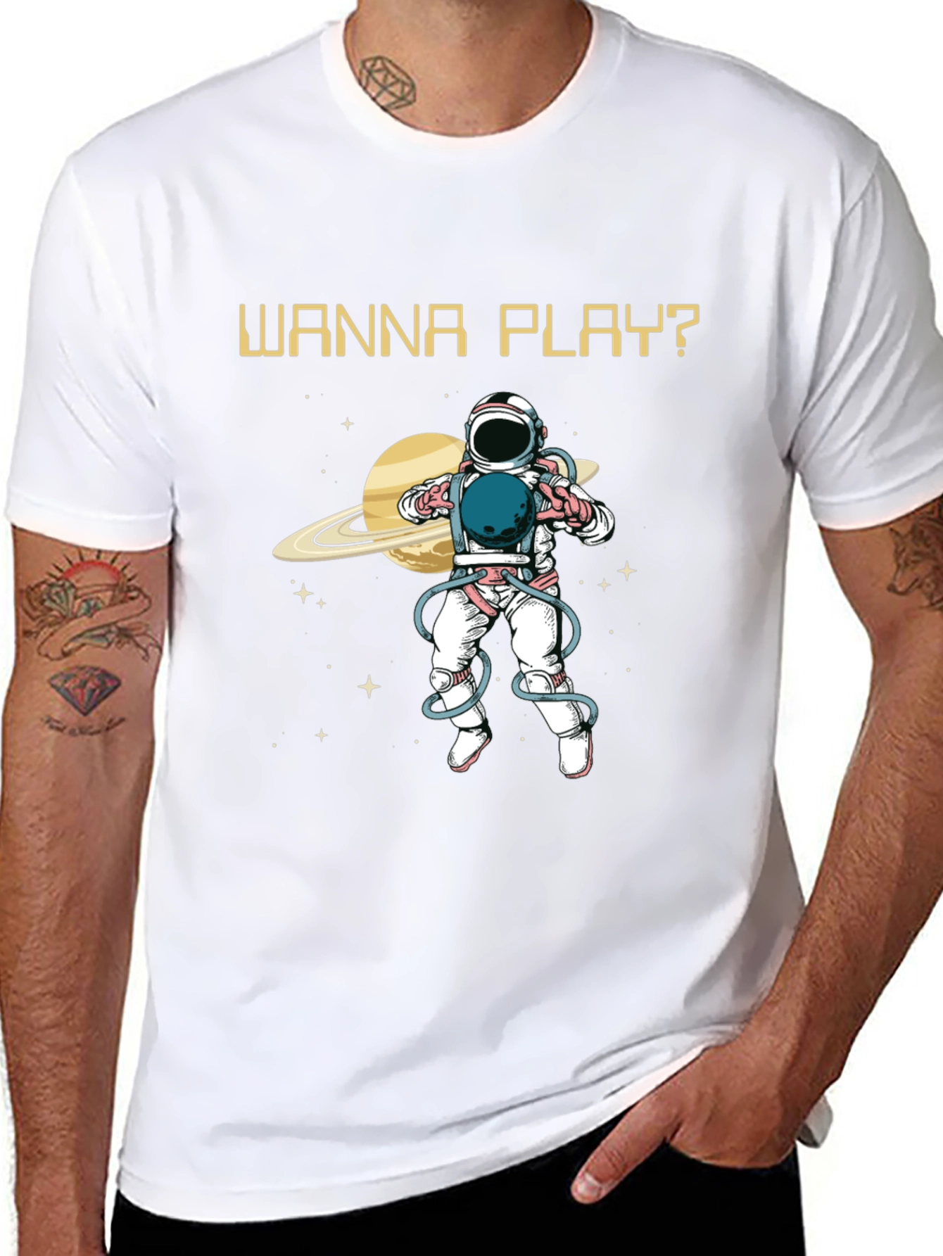 Wanna Play? Astronaut Graphic Print T-Shirt
