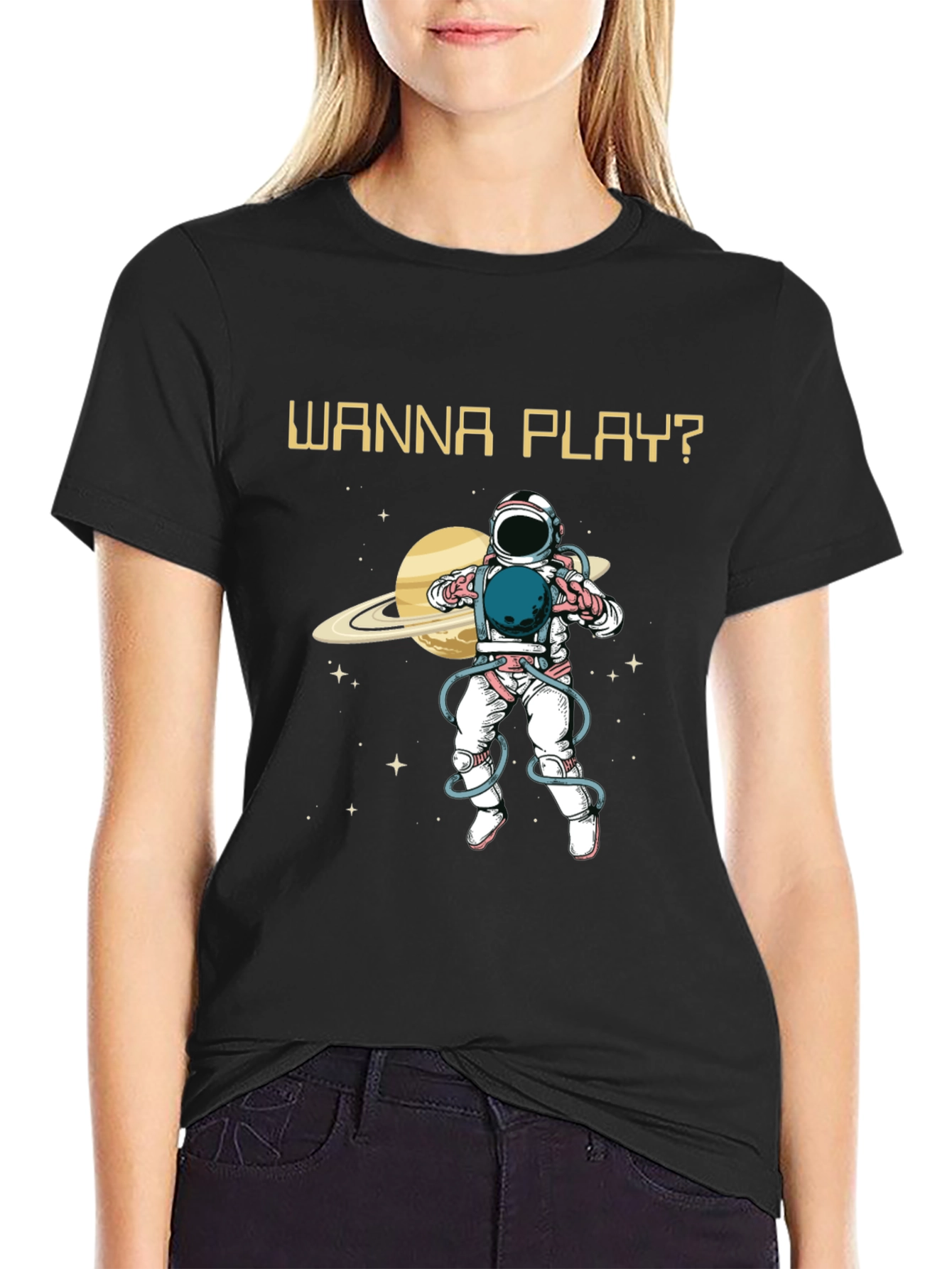 Wanna Play? Astronaut Graphic Print T-Shirt