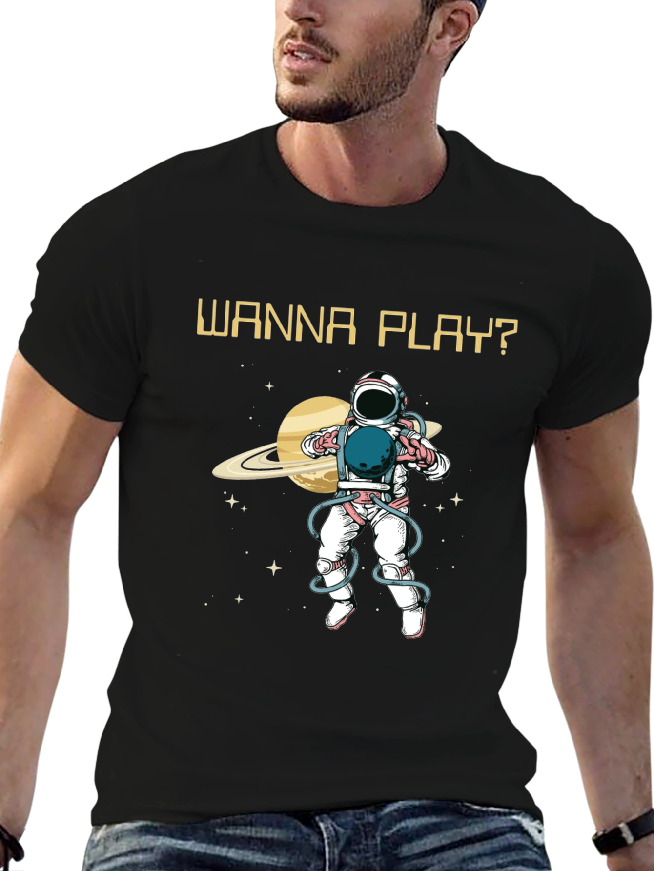 Wanna Play? Astronaut Graphic Print T-Shirt