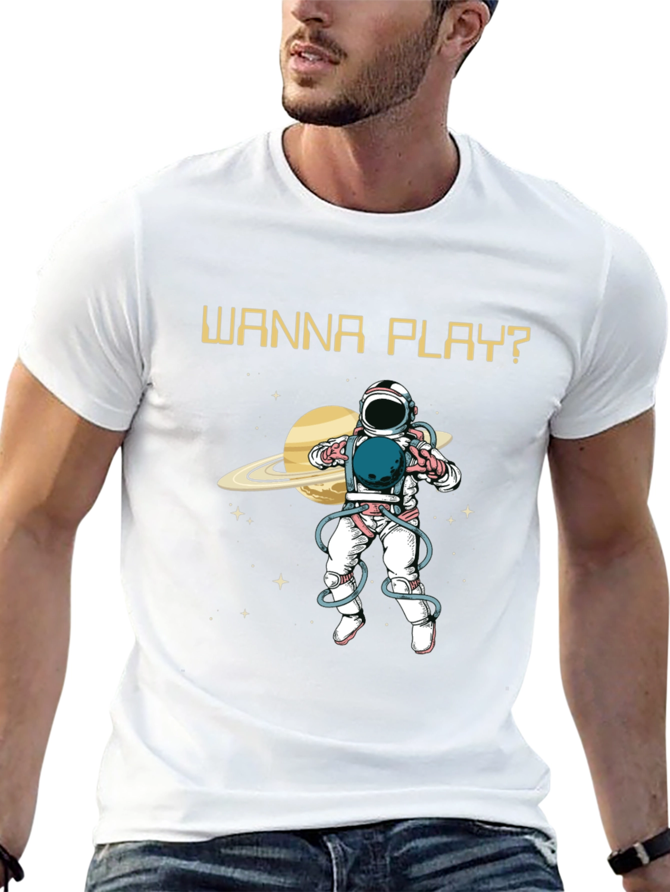 Wanna Play? Astronaut Graphic Print T-Shirt