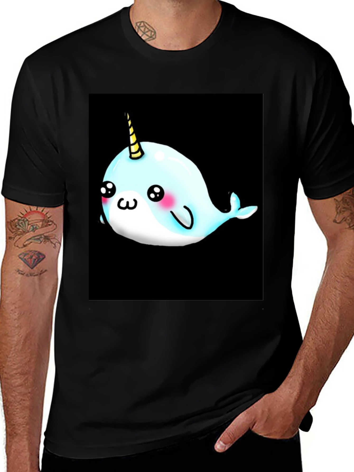 Narwhal Unicorn Cartoon Black T-Shirt